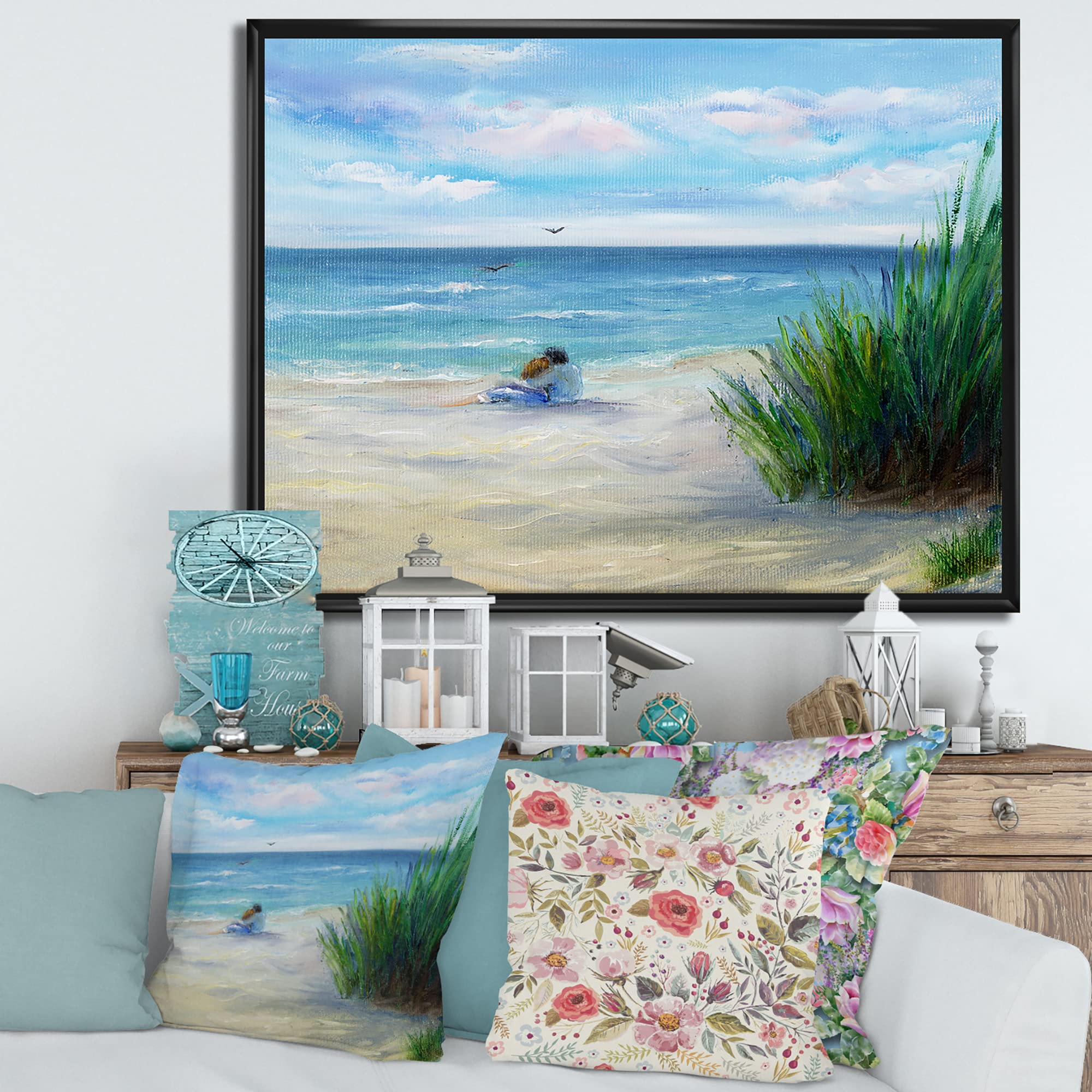 DesignQ Romantic Beach Couple - Nautical Coastal Framed Canvas Wall Art Print for Living Room, Bedroom & Beach House Decor