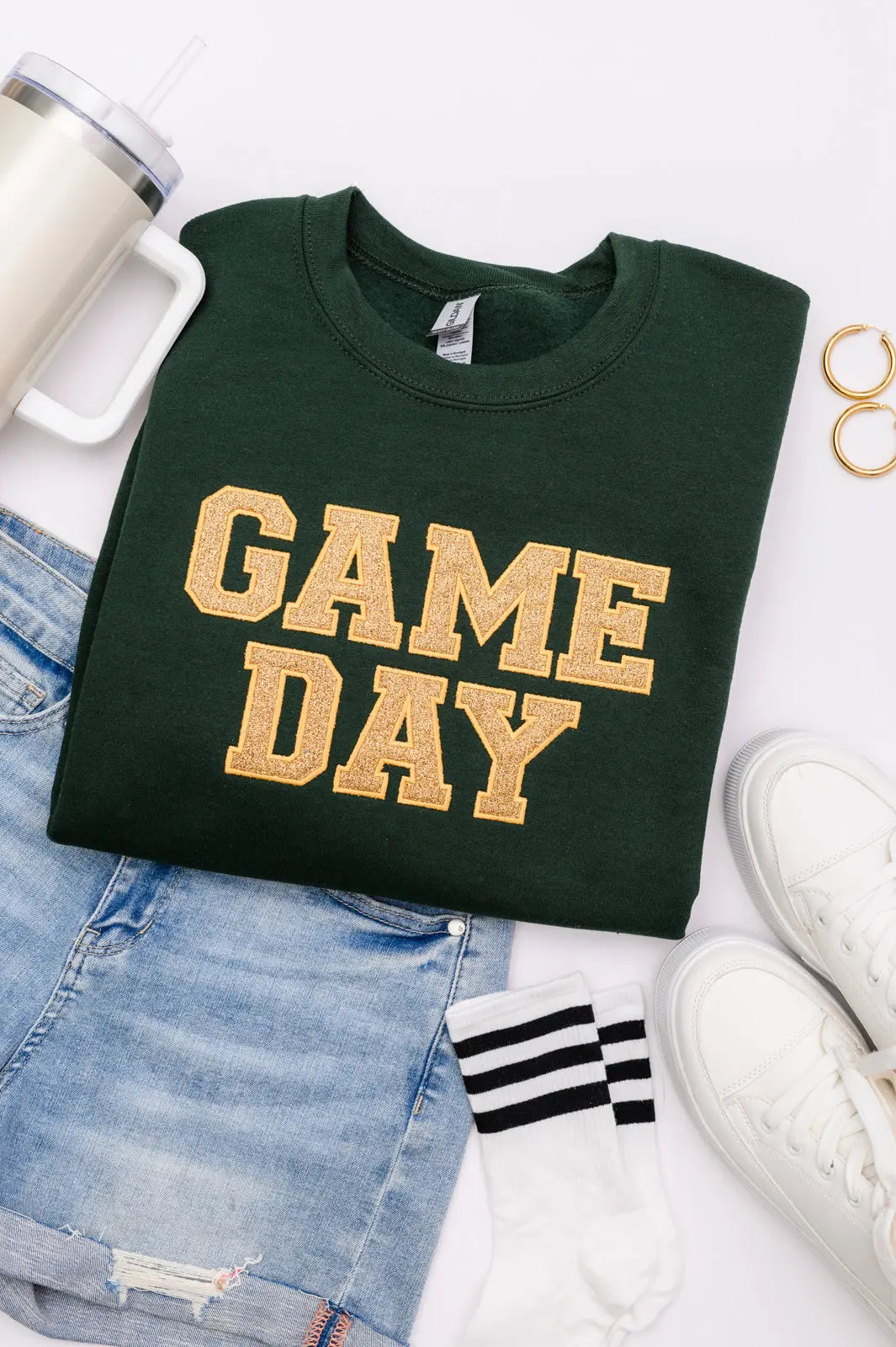 PREORDER: Embroidered Glitter Game Day Sweatshirt - Forest Green & Old Gold | College Football Fan Apparel, Tailgating Outfit, Sports Team Spirit Wear
