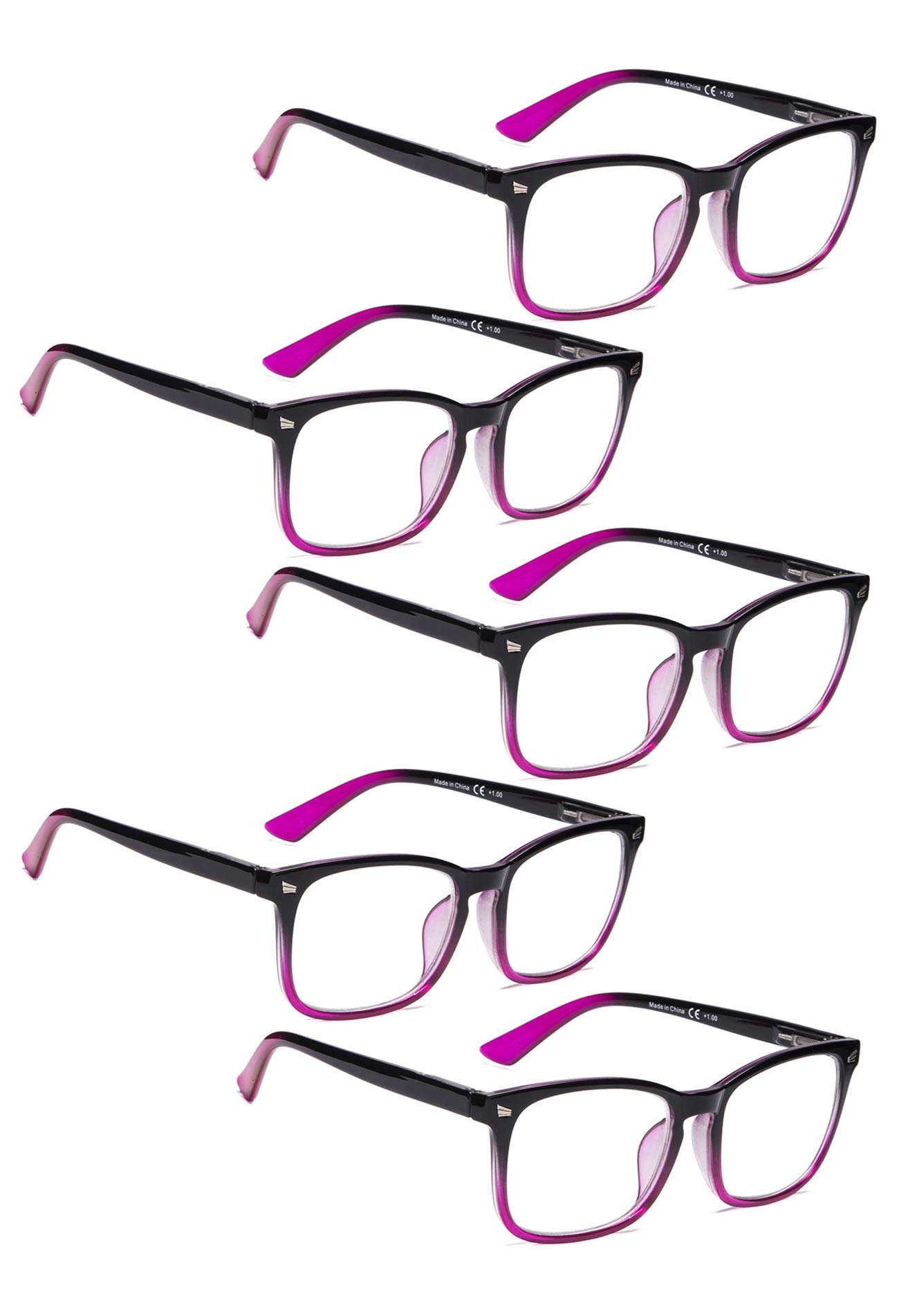 LUR Reading Glasses 5 Pack - Stylish Women's Readers with Spring Hinges, Lightweight & Comfortable for Reading, Crafting, and Computer Use