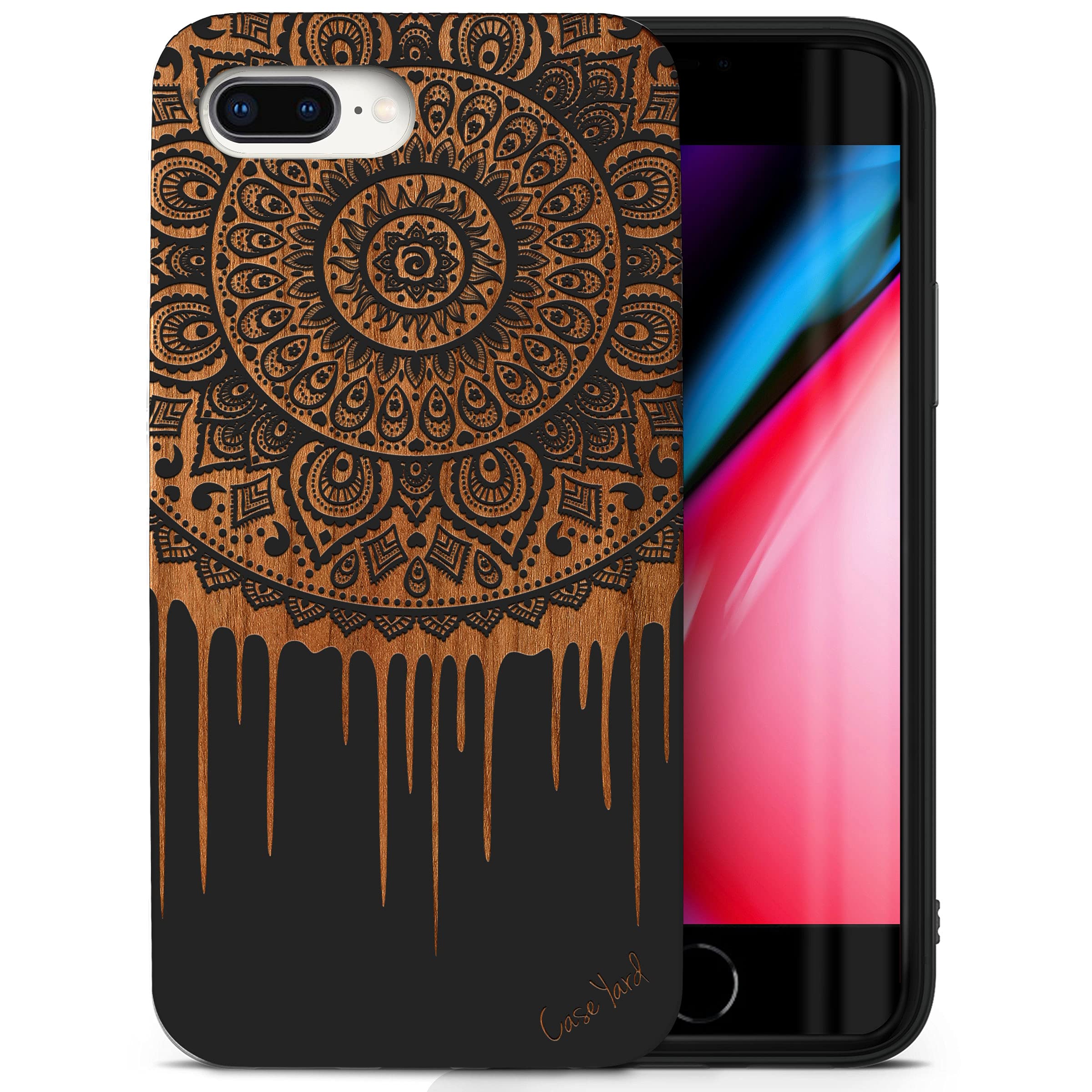 CaseYard Wood Phone Case for iPhone 8 Plus - Laser Engraved Dripping Mandala Design, Black Wood Protective Shockproof Slim Fit Cover for Men & Women - Perfect for Outdoor Adventures, Travel & Everyday Protection