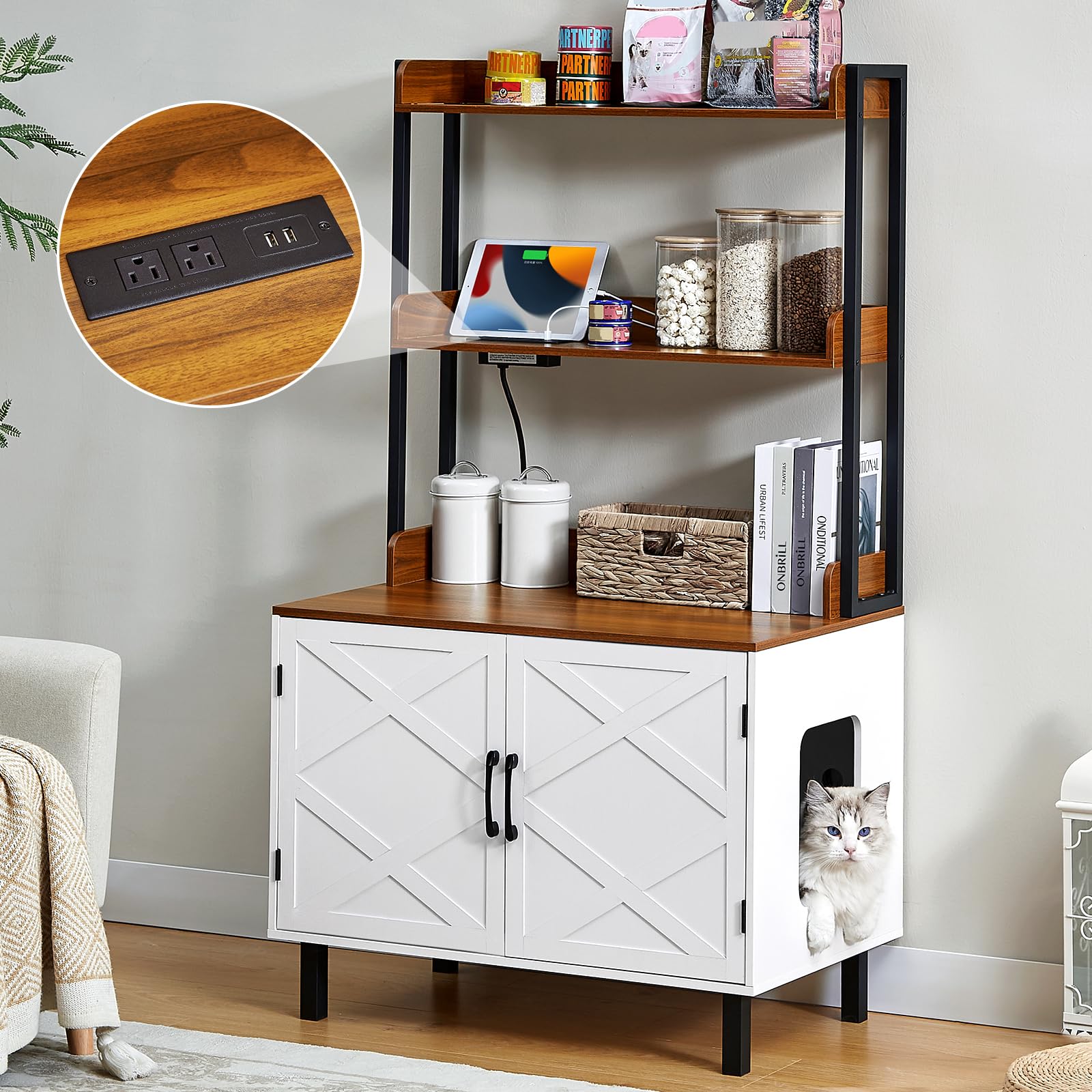 55 Inch Hidden Cat Litter Box Enclosure Furniture - Wooden Cat House with 2 Storage Shelves & USB Charging Ports - Large Indoor Cabinet for Living Room, Bedroom & Entryway - Perfect for Small Spaces & Modern Home Decor (White)