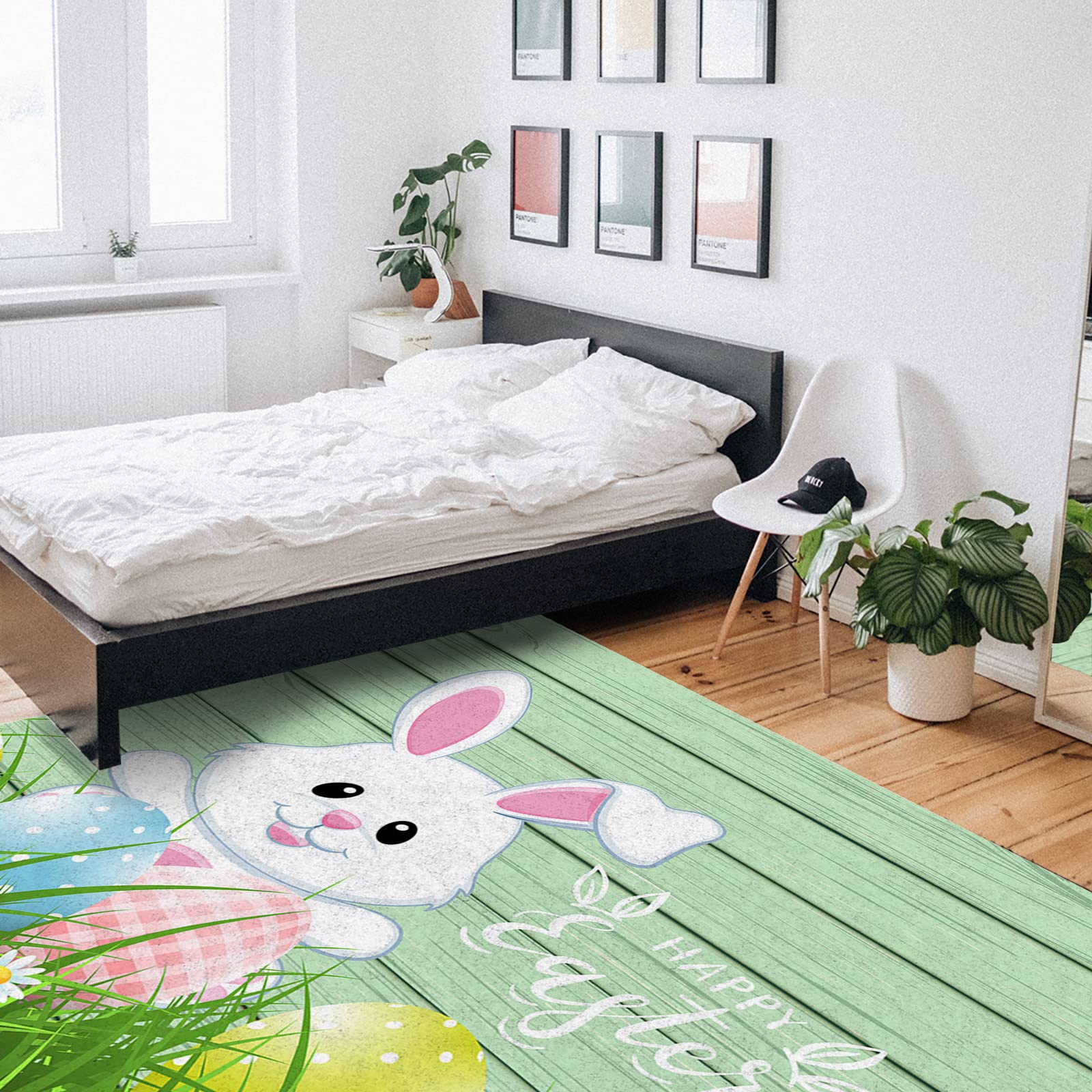 Non-Shedding Thick Rug Pad - 60x96 Inch Home Carpet Protector for Wood Floors | Non-Slip Area Rug Underlay with Floral Green Easter Bunny Egg Design | Perfect for Living Room, Bedroom & Kitchen Decor