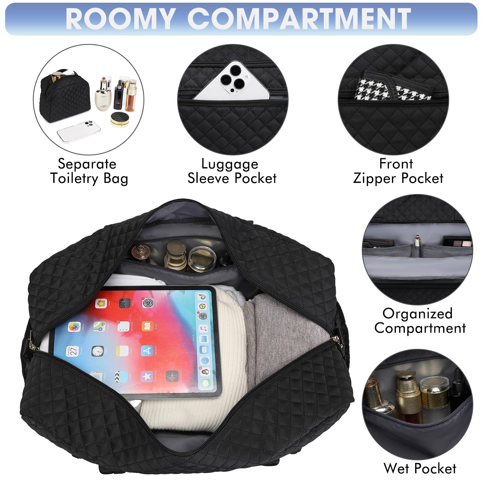 Large Women's Travel Duffle Bag - Carry On Overnight Weekender Gym Yoga Tote with Wet Pocket & Toiletry Compartment | Perfect for Business Trips, Weekend Getaways, Sports, Hospital Visits & Gym Workouts (Black)