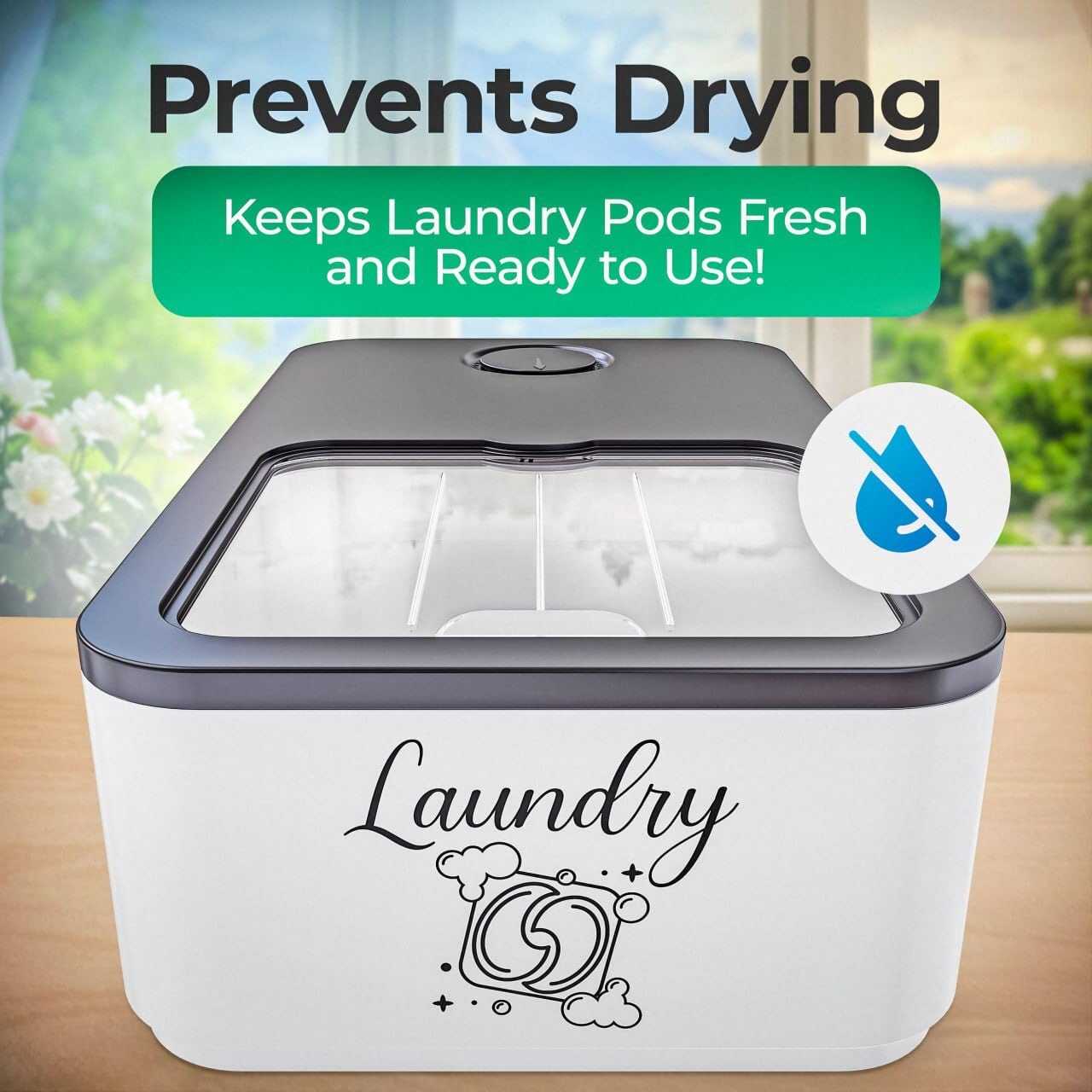 Skywin Laundry Detergent Pod Storage Container with Slide Lid - 15 x 8.7 x 4.5 Inches - Holds 11 lbs or 120-150 Pods - Black with Print - Perfect for Laundry Room Organization & Pod Storage