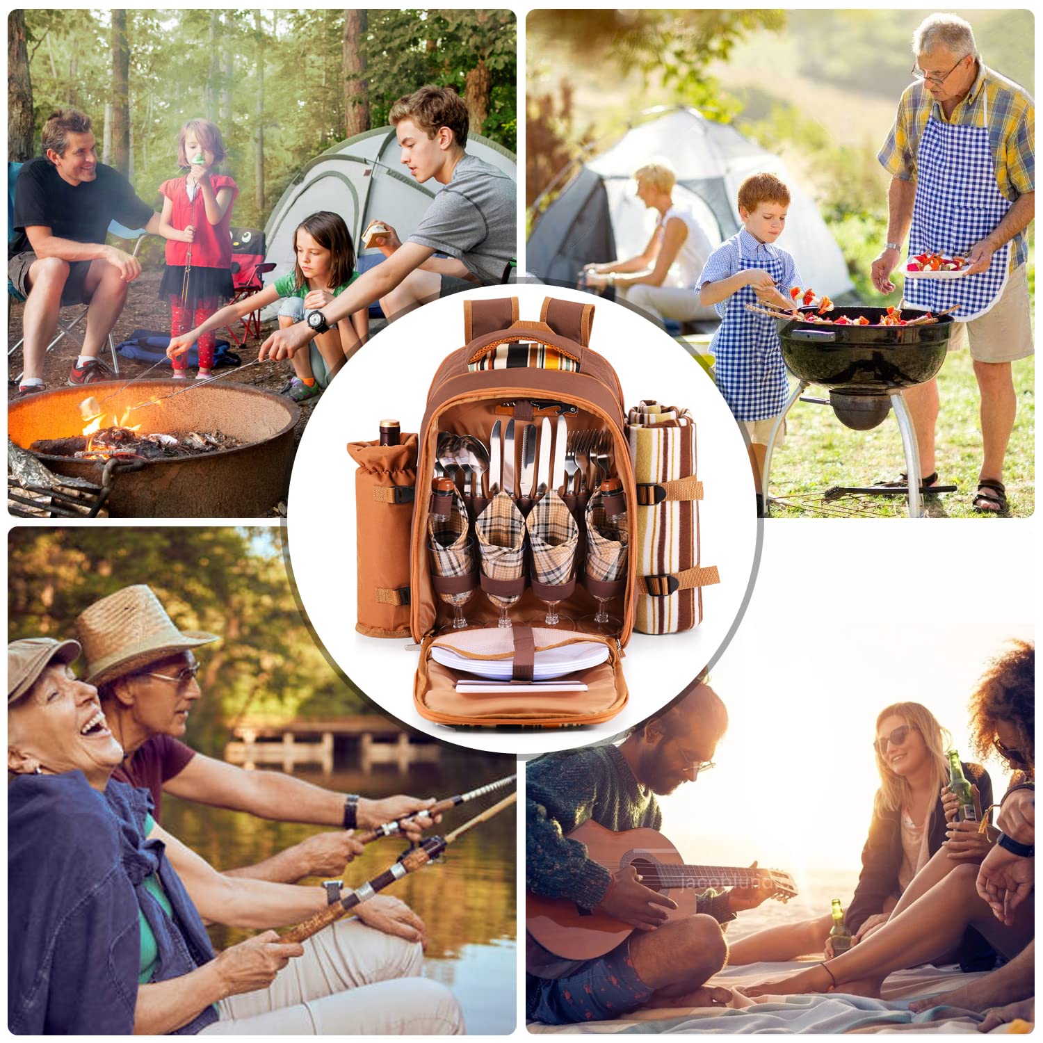 Flexzion 4-Person Picnic Backpack Set with Insulated Compartment, Detachable Wine Holder, Plates & Cutlery - Perfect for Outdoor Dining, Beach Trips & Wine Tasting (Brown)