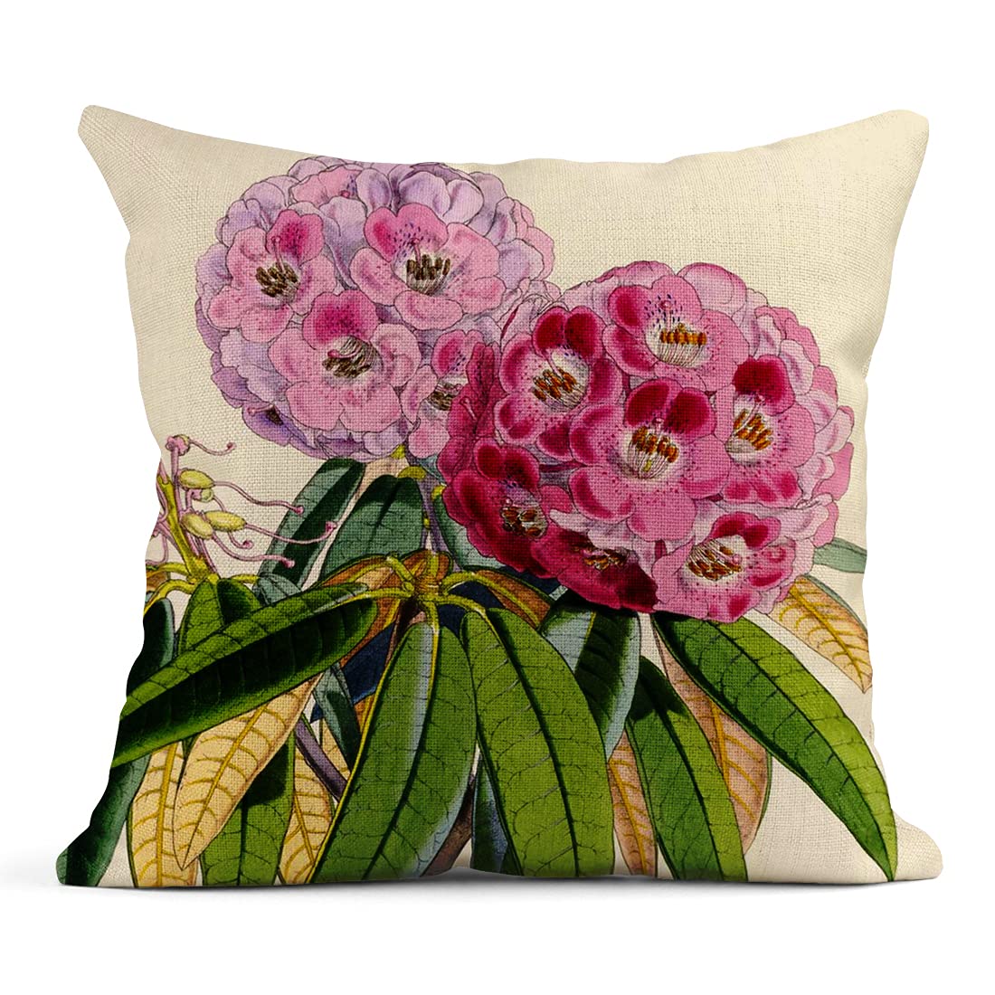 Set of 4 18x18 Inch Linen Throw Pillow Covers - Summer Rhododendron Floral Design for Sofa, Bed & Couch | Home Decor Square Cushion Covers | Perfect for Living Room, Bedroom & Outdoor Furniture