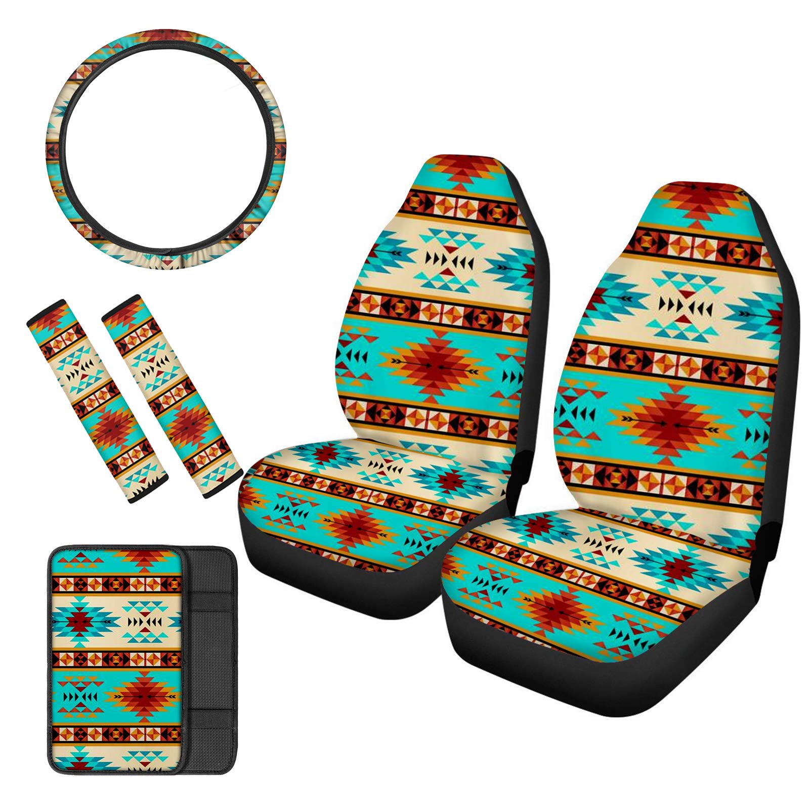 BIGCARJOB Blue Aztec Print Car Seat Cover Set - Includes Steering Wheel Cover, Console Cushion Pad & Seat Belt Covers (6-Piece Full Set) | Durable Car Interior Accessories for SUV, Truck & Sedan | Perfect for Road Trips & Daily Commute