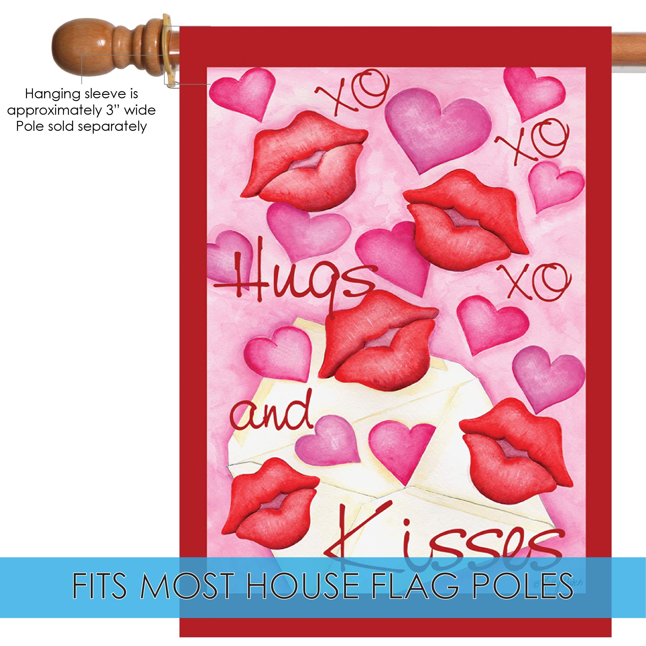 Toland Home Garden 109998 Hugs And Kisses Valentine Flag - 28x40 Inch Double Sided Outdoor Decorative Flag for Valentine's Day, Yard, Garden & House Decor - Perfect for Front Porch, Lawn & Seasonal Holiday Display