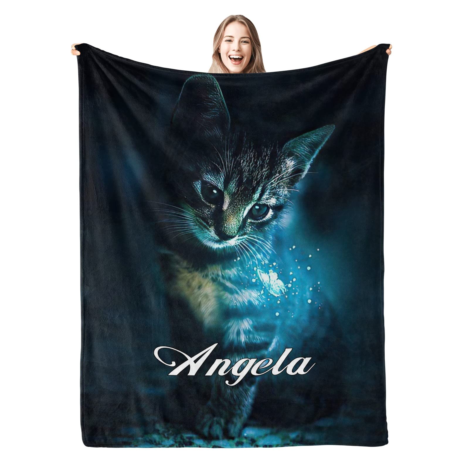 Personalized Cat & Butterfly Baby Blanket - Custom Name Soft Fleece Swaddling Blanket for Newborns (30