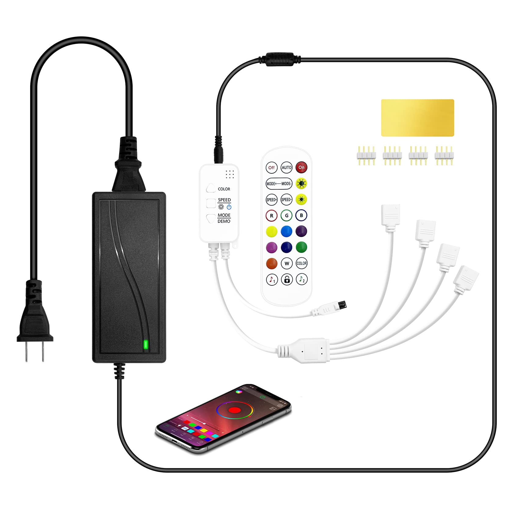 REYSURPIUS 24-Key IR Remote Controller Kit with Music/Voice Control - 4-Output Rectifier Box & 12V 5A LED Adapter for 2835/3528/5050 RGB LED Strip Lights - Perfect for Home Theater, Bedroom, and Party Lighting Decorations