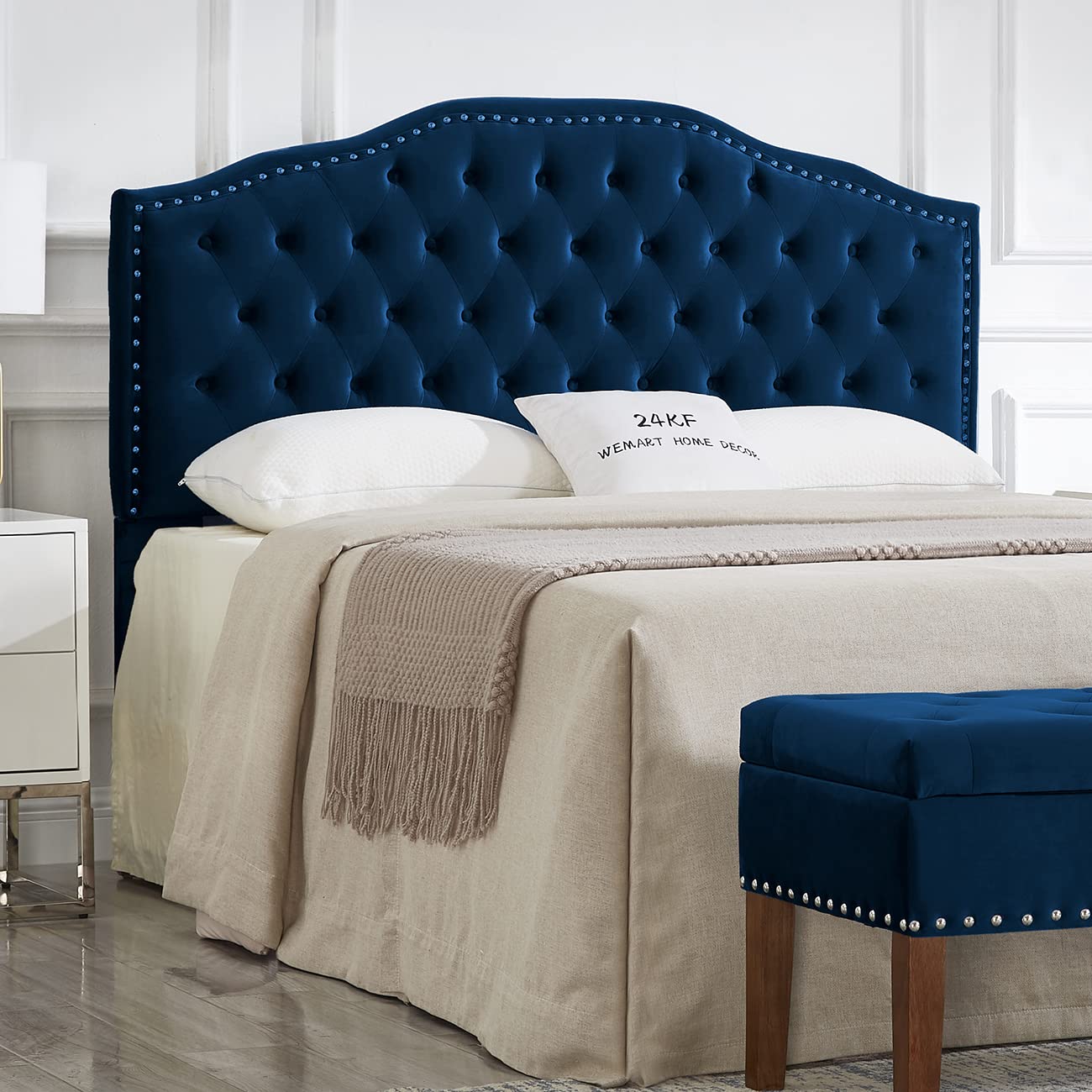 24KF Upholstered Button Tufted Queen Headboard with Nailhead Trim - Soft Velvet Fabric Bed Headboard for Queen/Full Size Beds (WM-6031-Q-NAVY) - Perfect for Bedroom Decor, Guest Rooms & Master Suites