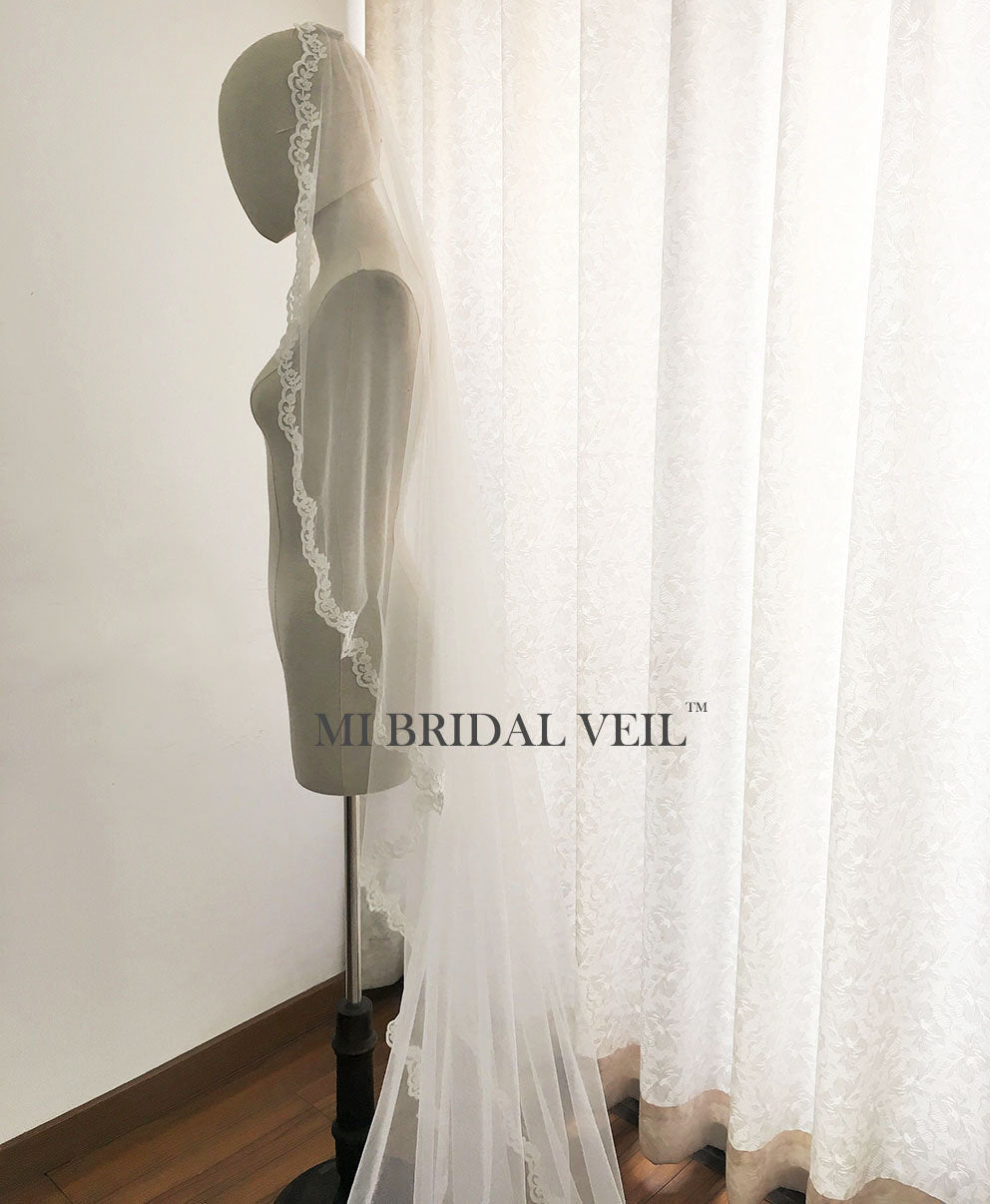 Elegant Mantilla Veil with Cathedral Lace for Wedding | Rose Lace Bridal Veil by Mi Bridal | Perfect for Church Ceremonies & Romantic Weddings