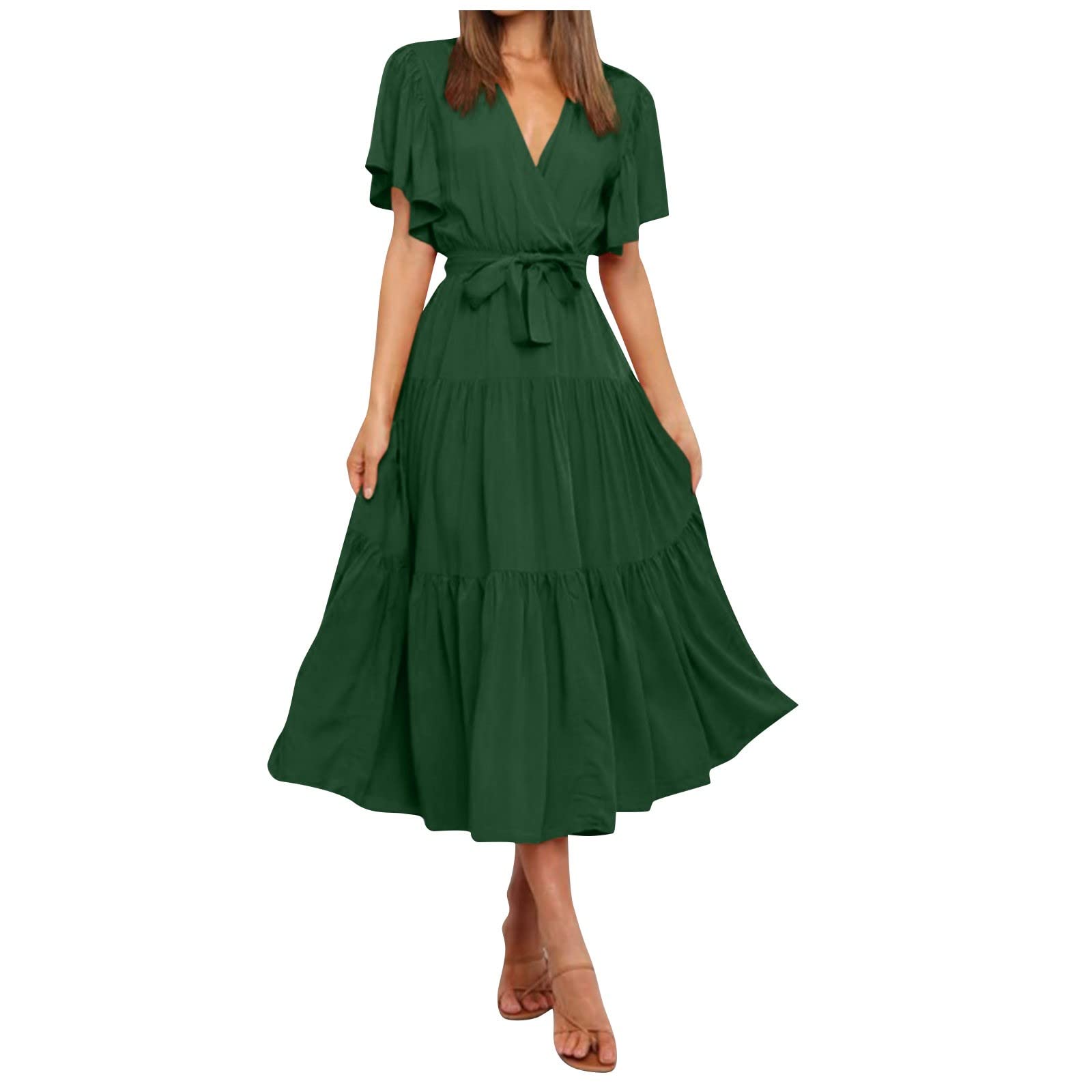 UODSVP Women's Summer Maxi Dress - Casual V-Neck Short Sleeve Boho Floral Dress in Solid Green (XXL) | Perfect for Spring, Easter, Beach Vacations & Outdoor Parties