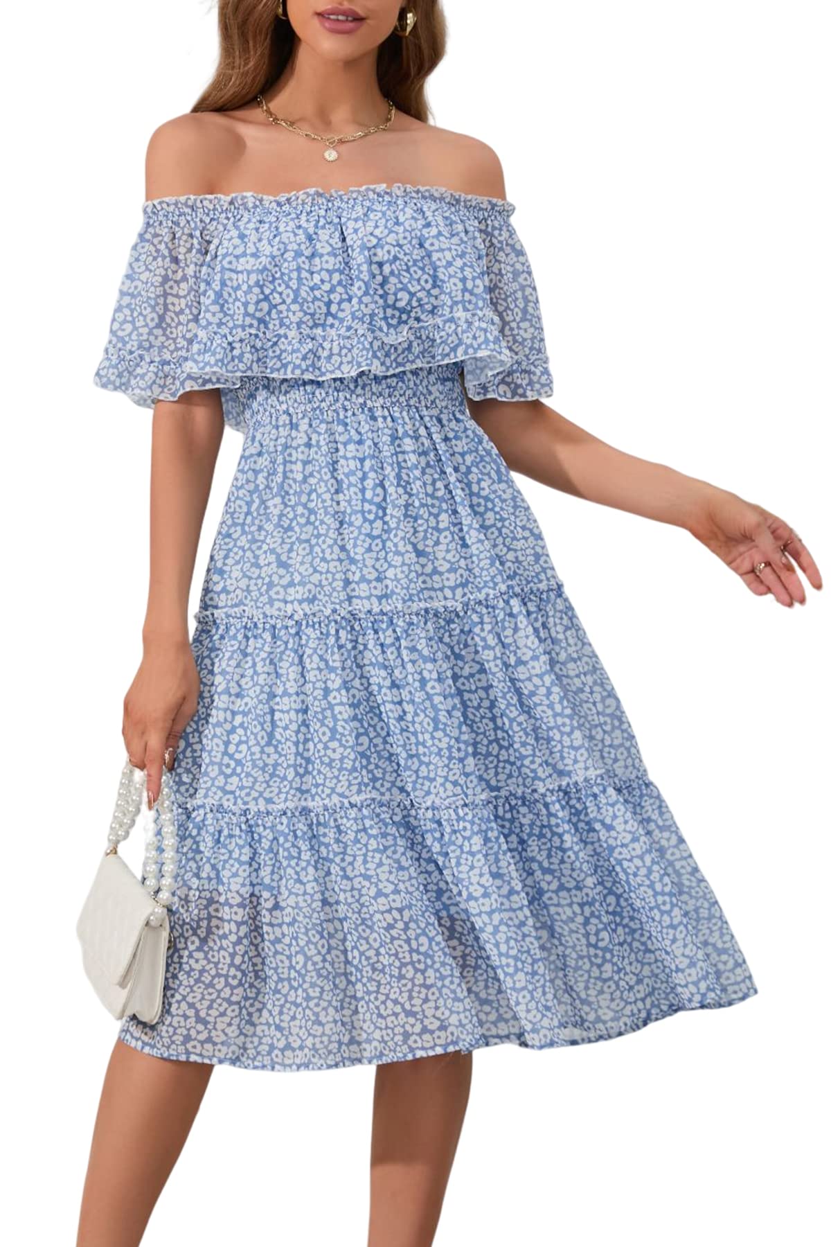 MAXVIGOR Women's Off Shoulder Ruffle Midi Dress - A-Line Tiered Cocktail Party Dress for Wedding Guest, Summer Vacation & Date Night