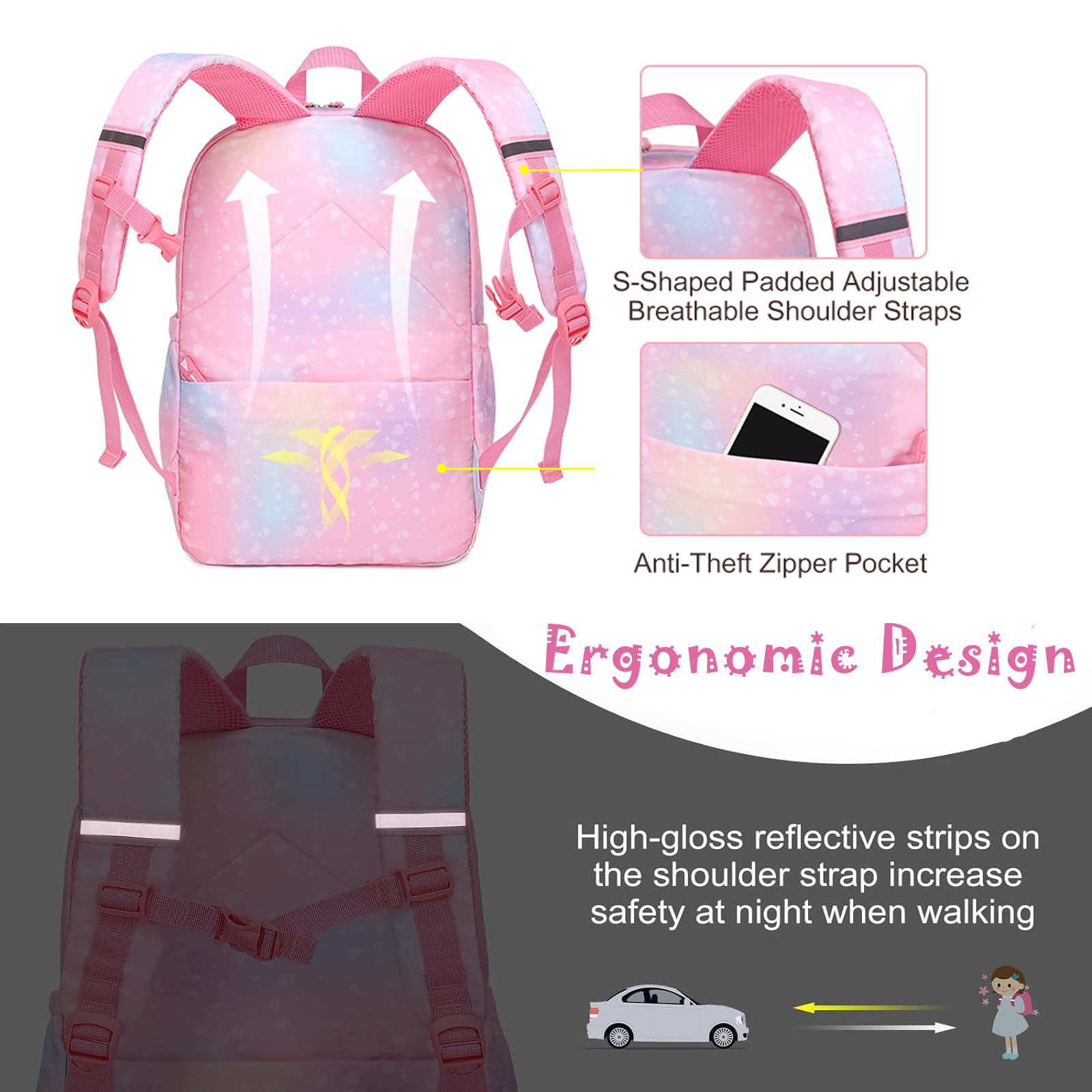 **Rainbow School Backpack for Girls - Cute Medium Pink Bookbag with Laptop Compartment for Travel, Class & Daily Use**