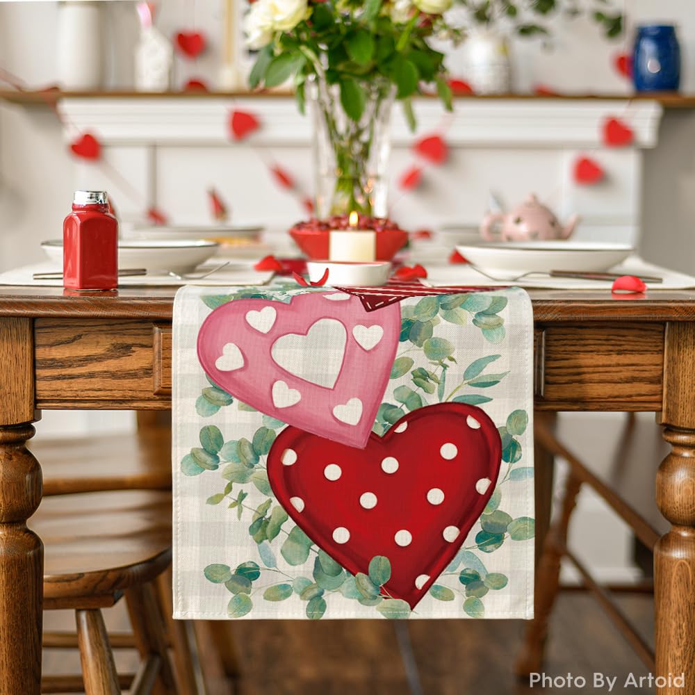 Artoid Mode Eucalyptus Polka Dot Hearts Valentine's Day Table Runner - 13x72 Inch Cotton Tablecloth for Kitchen Dining Decor, Wedding & Holiday Party Decoration - Perfect for Romantic Dinners, Anniversary Celebrations and Home Decor