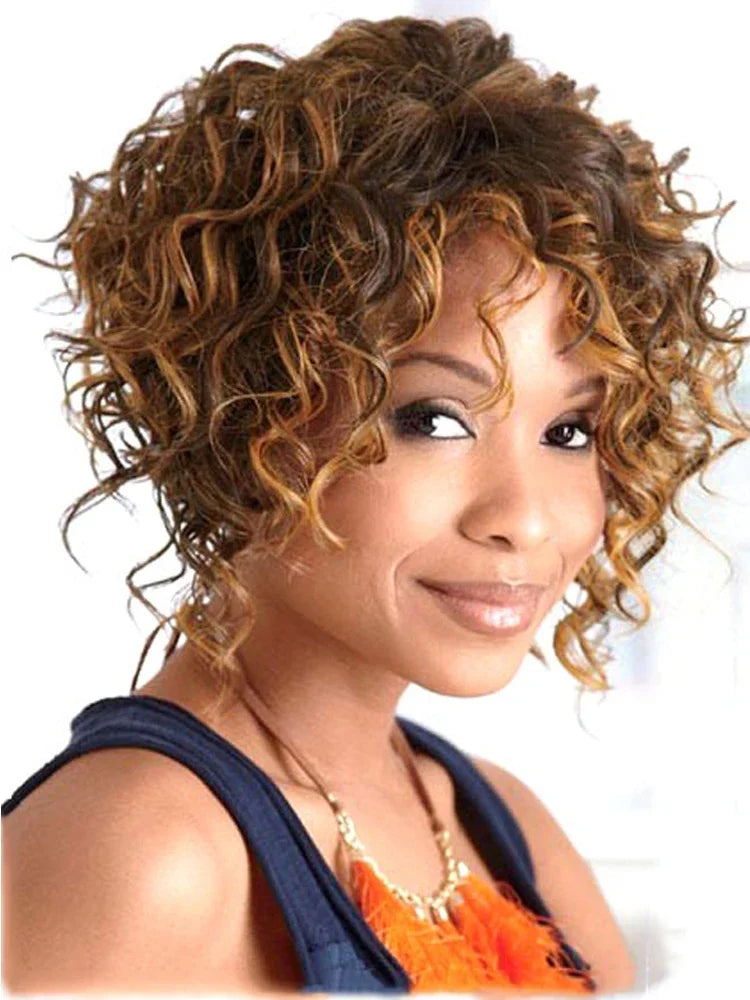 Afro Short Curly Synthetic Wig with Bangs for Women - Heat Resistant High Temperature Fiber Wig in Mix Brown Color | Fashionable & Cute Hairstyle for Cosplay, Parties & Daily Wear