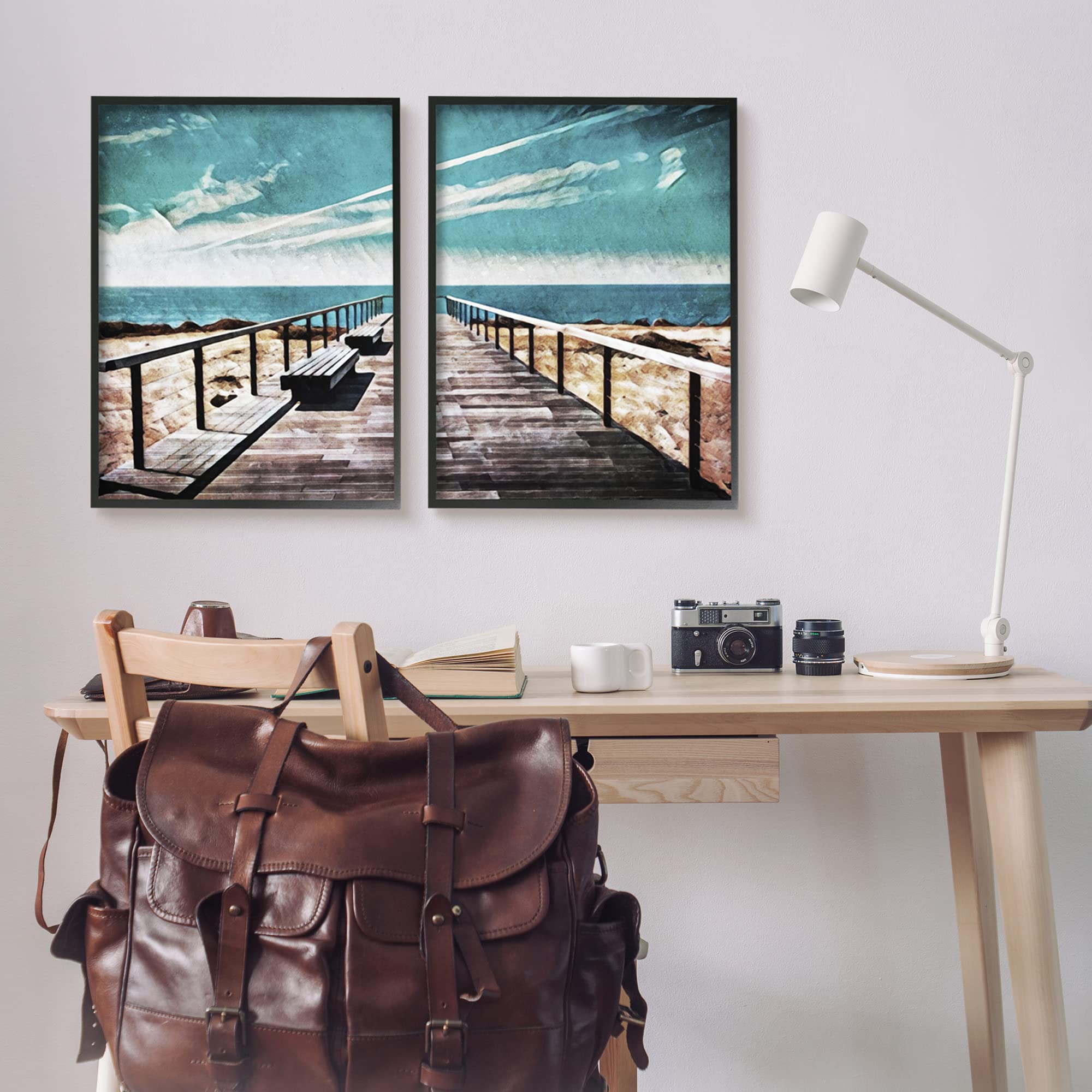 Tranquil Pier Dock Beach Clear Blue Sky Illustration Wall Art Print by Ashley Aldridge - Perfect for Coastal Home Decor, Office & Nursery