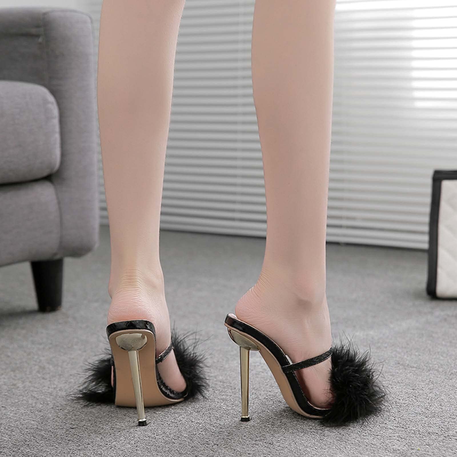 JOEupin Women's Fuzzy Slippers - Fluffy Mules with High Heels - Soft Indoor/Outdoor House Sandals for Women - Perfect for Home, Lounge, Spa & Gift Giving