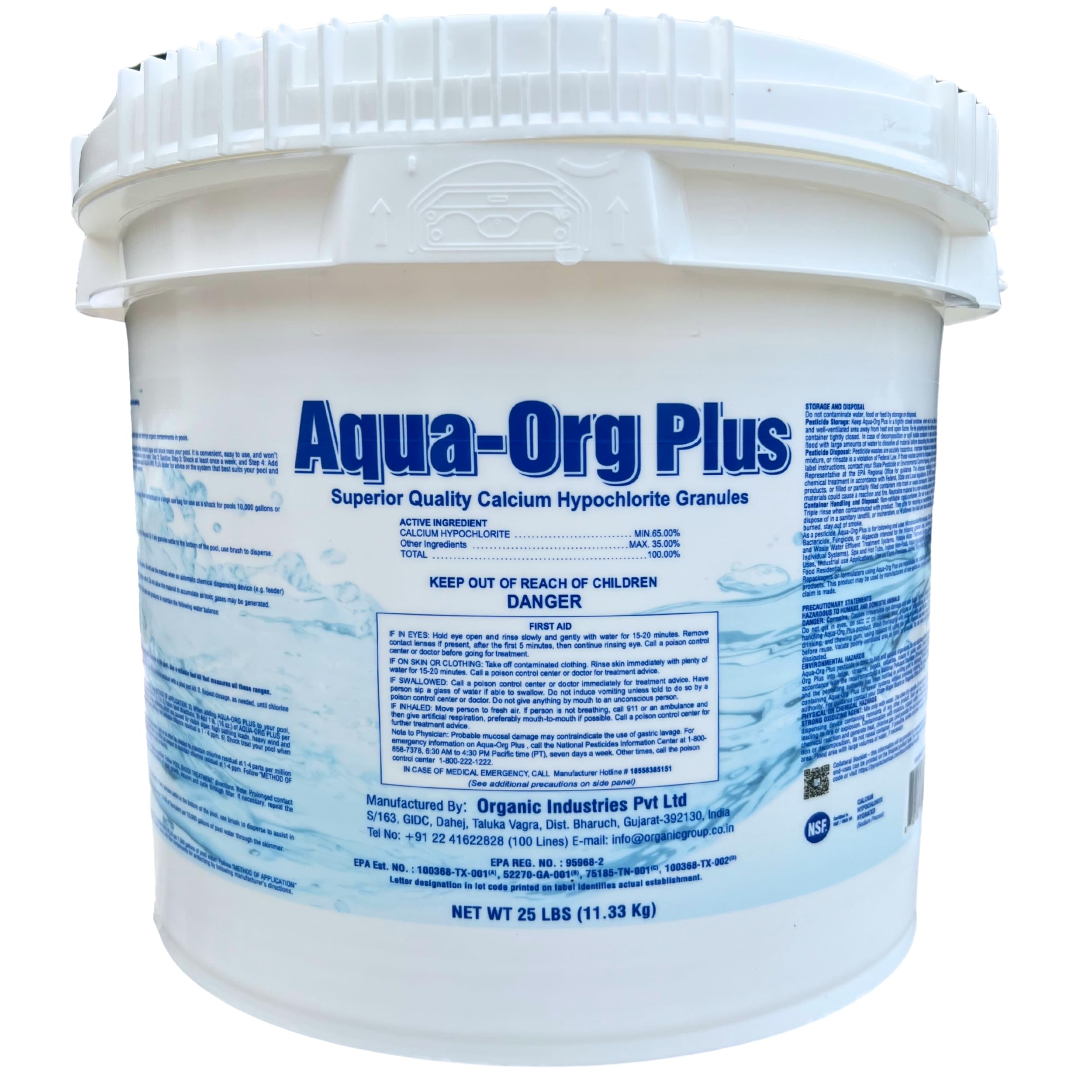 Pool Shock by Aqua Org Plus - 65% Granular Calcium Hypochlorite - Powerful Swimming Pool Chlorine Shock Treatment for In-Ground & Above Ground Pools, Spas & Hot Tubs - 25 Pound Pail - Kills Algae & Bacteria for Crystal Clear Water