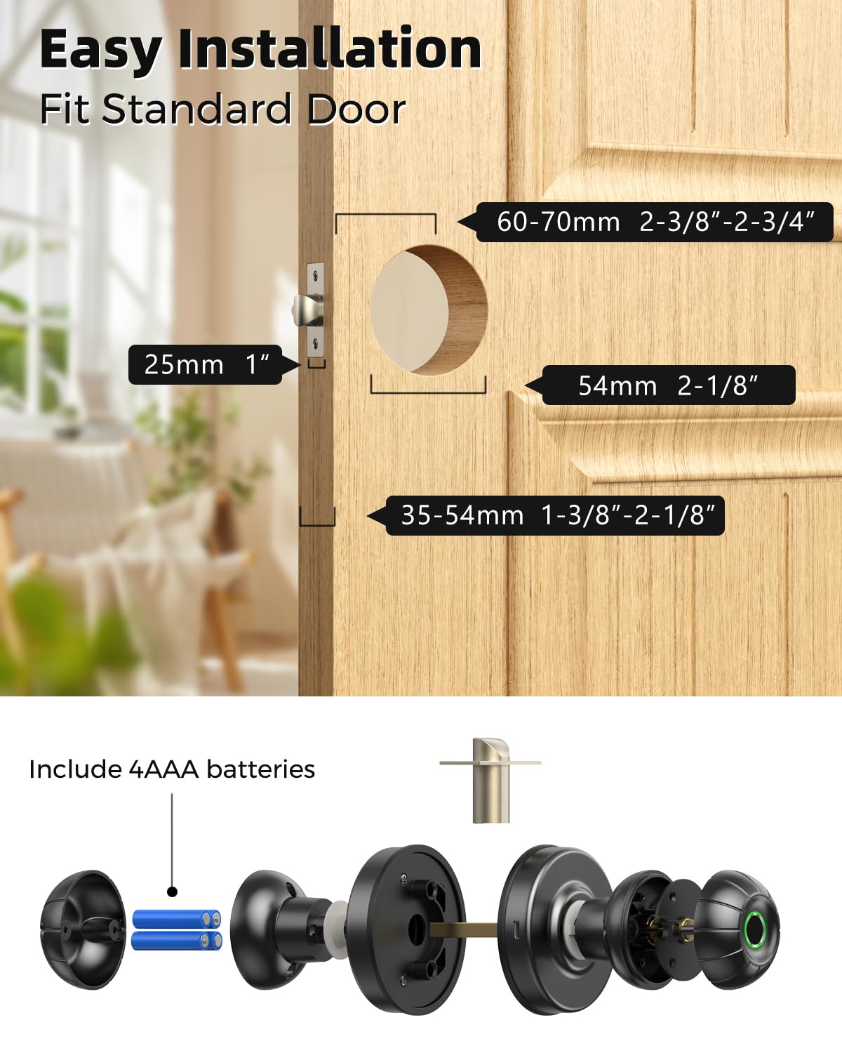 Smart Fingerprint Door Lock with App Control & Key - Keyless Entry Door Knob for Home, Office, Garage, Bedroom - Secure Touchless Access for Modern Living