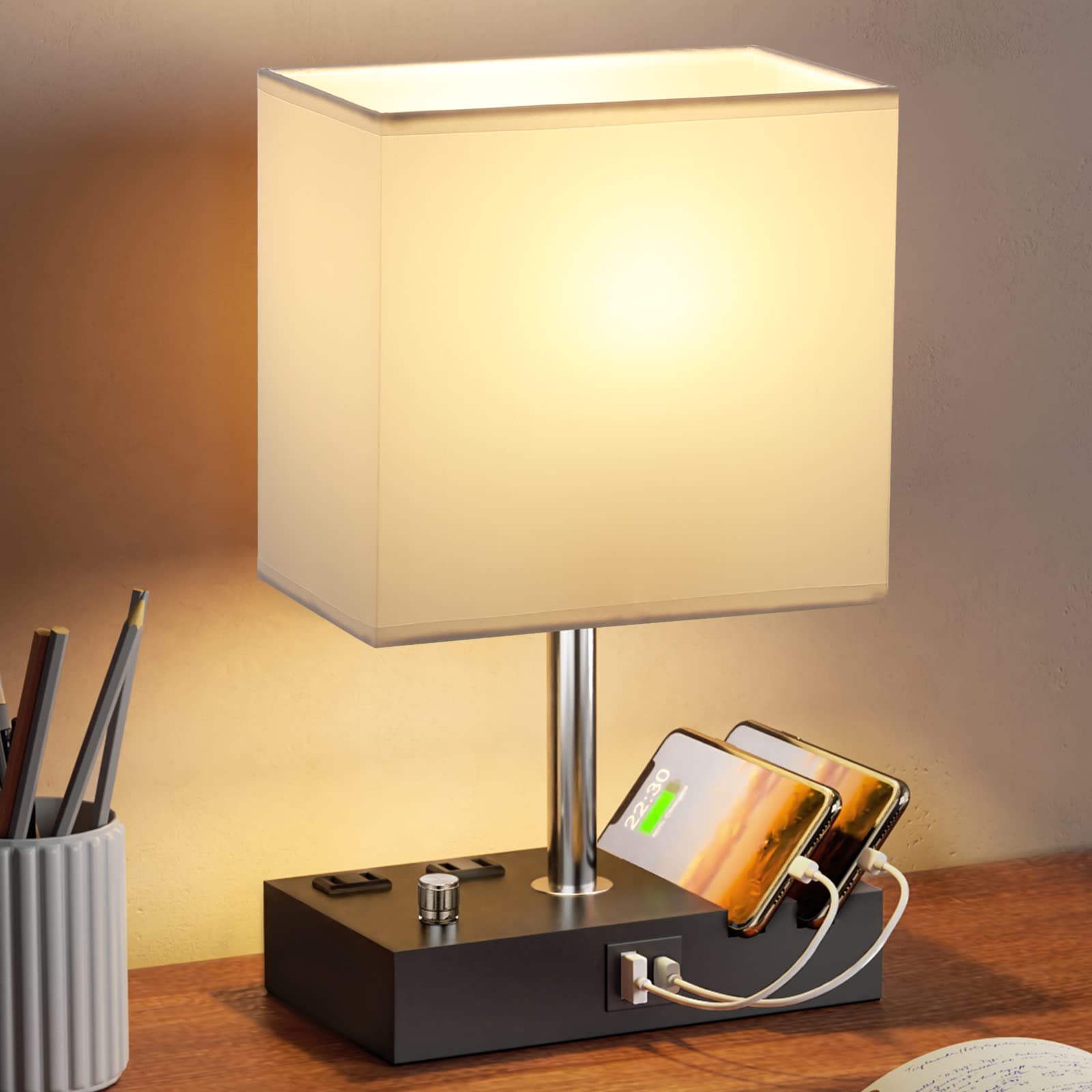 Kakanuo White Dimmable Table Lamp with Dual USB Ports & Phone Stand - LED Bedside Lamp for Bedroom, Nightstand, Living Room & Office - Includes LED Bulb & 2 Charging Outlets (Perfect for Reading, Working & Phone Charging)