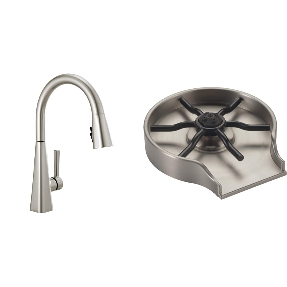 Delta Brushed Nickel Kitchen Faucet with Glass Rinser - SpotShield Stainless GR150-SP for Sinks & Bars