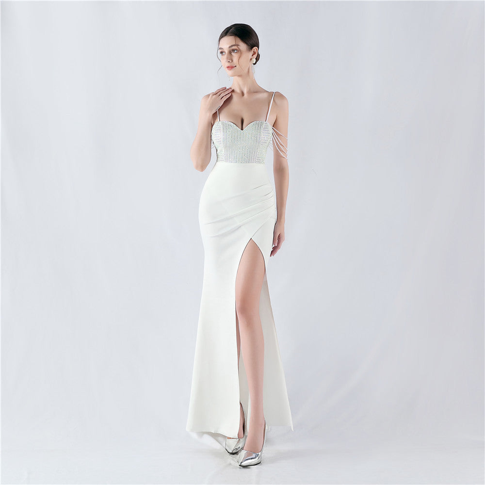 33022 Sexy Diamond Beads High Slit Satin Evening Dress with Garters - Perfect for Prom, Cocktail Parties & Date Nights