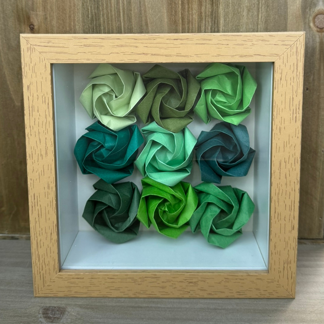Shadowbox Frame with Assorted Green Roses - Elegant Neutral Home Decor for Wall Display, Gift Giving, and Wedding Decorations