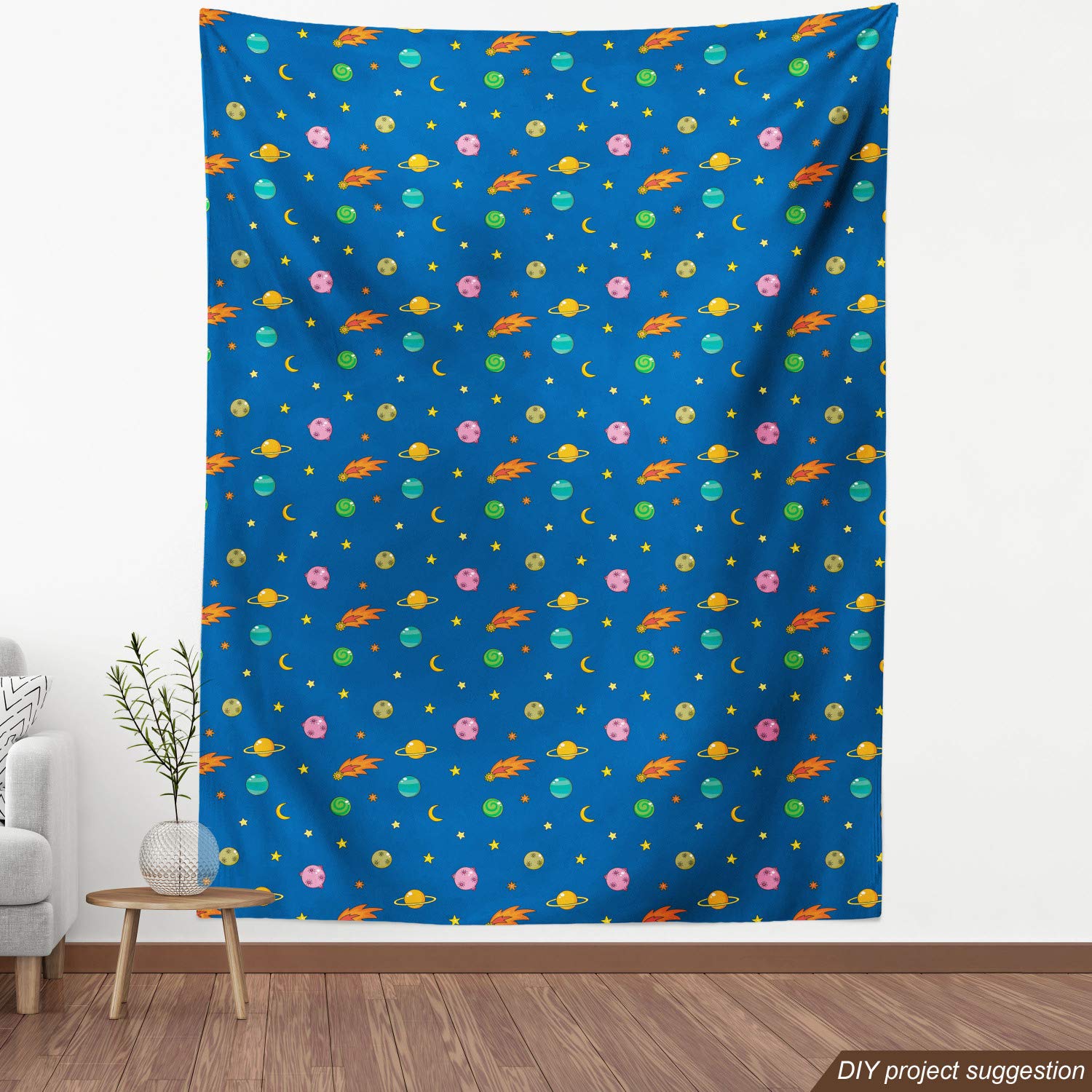 Ambesonne Outer Space Fabric by The Yard - Alien Planets, Shooting Stars, Saturn & Moon Universe Print - Decorative Upholstery Fabric for Sofa, Curtains, Pillows - Perfect for Space Themed Bedroom, Nursery Decor