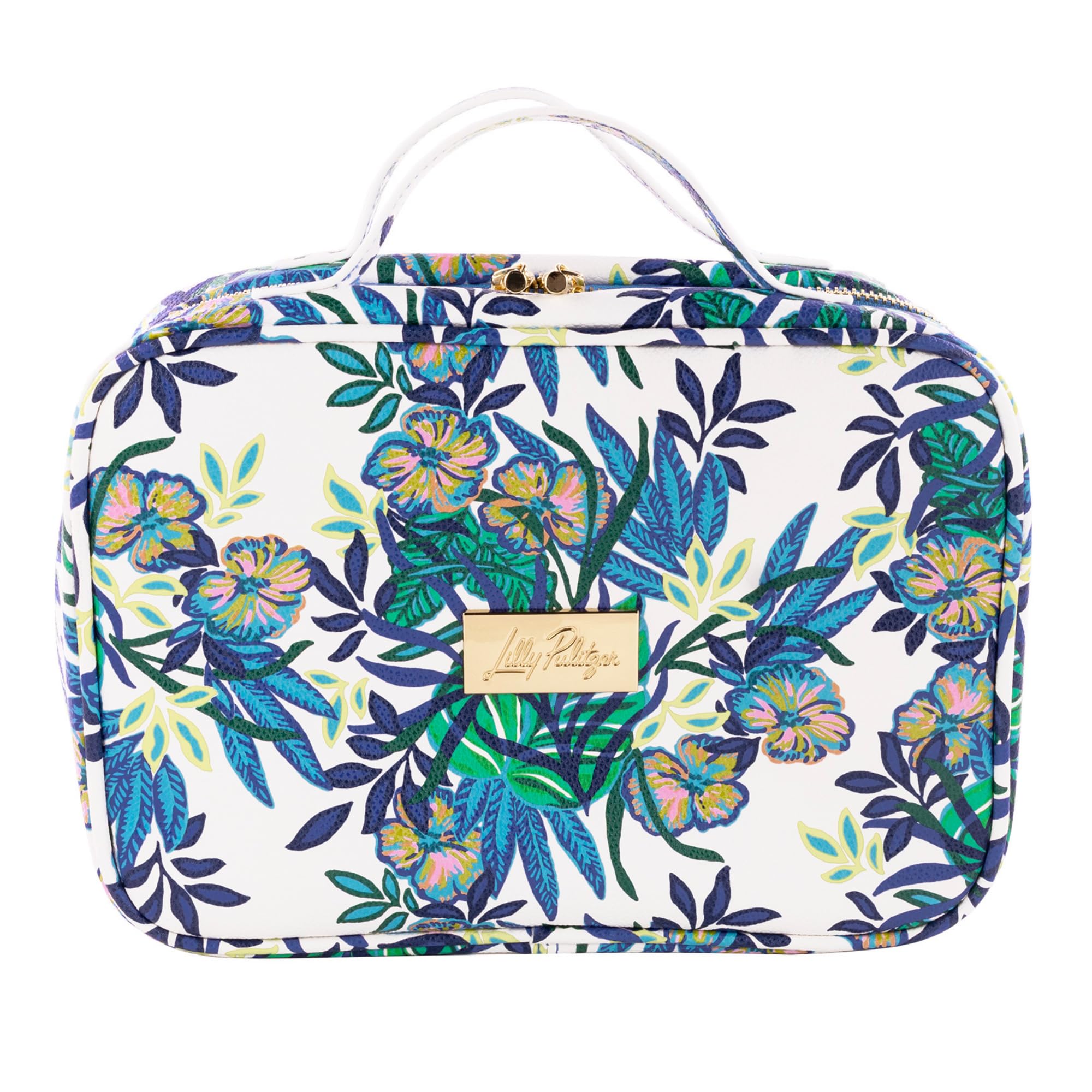 Lilly Pulitzer Cosmetic Bag with Two Zippered Pockets, Clear Vinyl Window & Handles - Waterproof Travel Toiletry Organizer & Makeup Case with Gold Accents | Perfect for Vacation, Gym, Weekend Getaways & Airplane Carry-On
