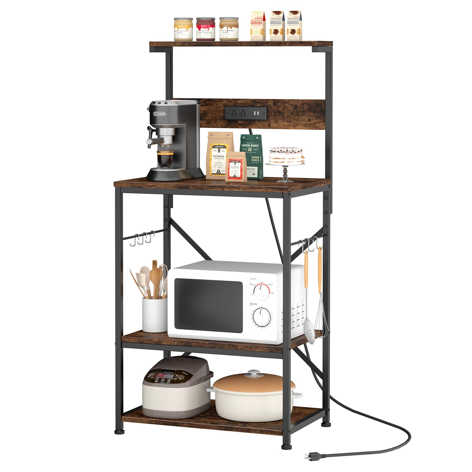 JAMFLY 4-Tier Kitchen Bakers Rack with Power Outlet & 6 S-Hooks - Microwave Stand, Coffee Bar Organizer, Rustic Brown - Perfect for Small Kitchens, Apartments & Coffee Stations