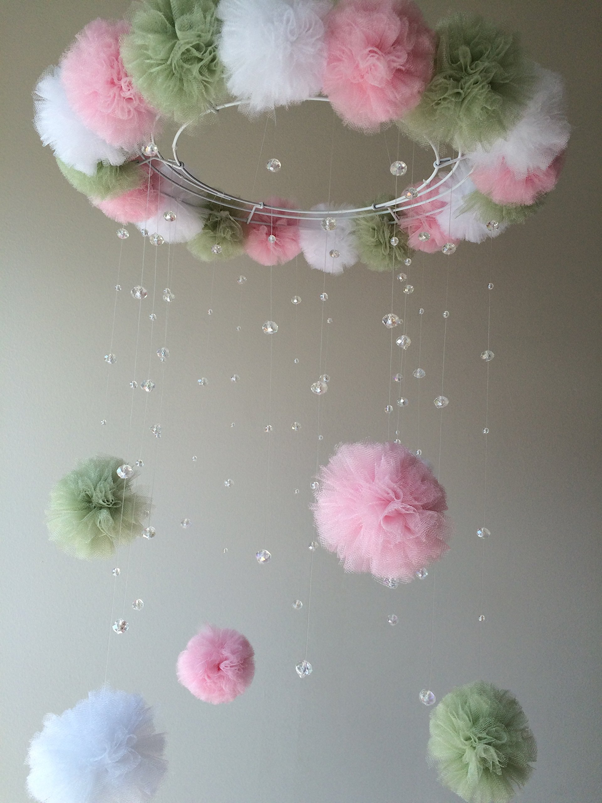 Pink and Green Pom Pom Crystal Baby Mobile - Handmade Nursery Decor for Cribs, Playrooms & Baby Showers - Perfect for Newborns & Toddlers