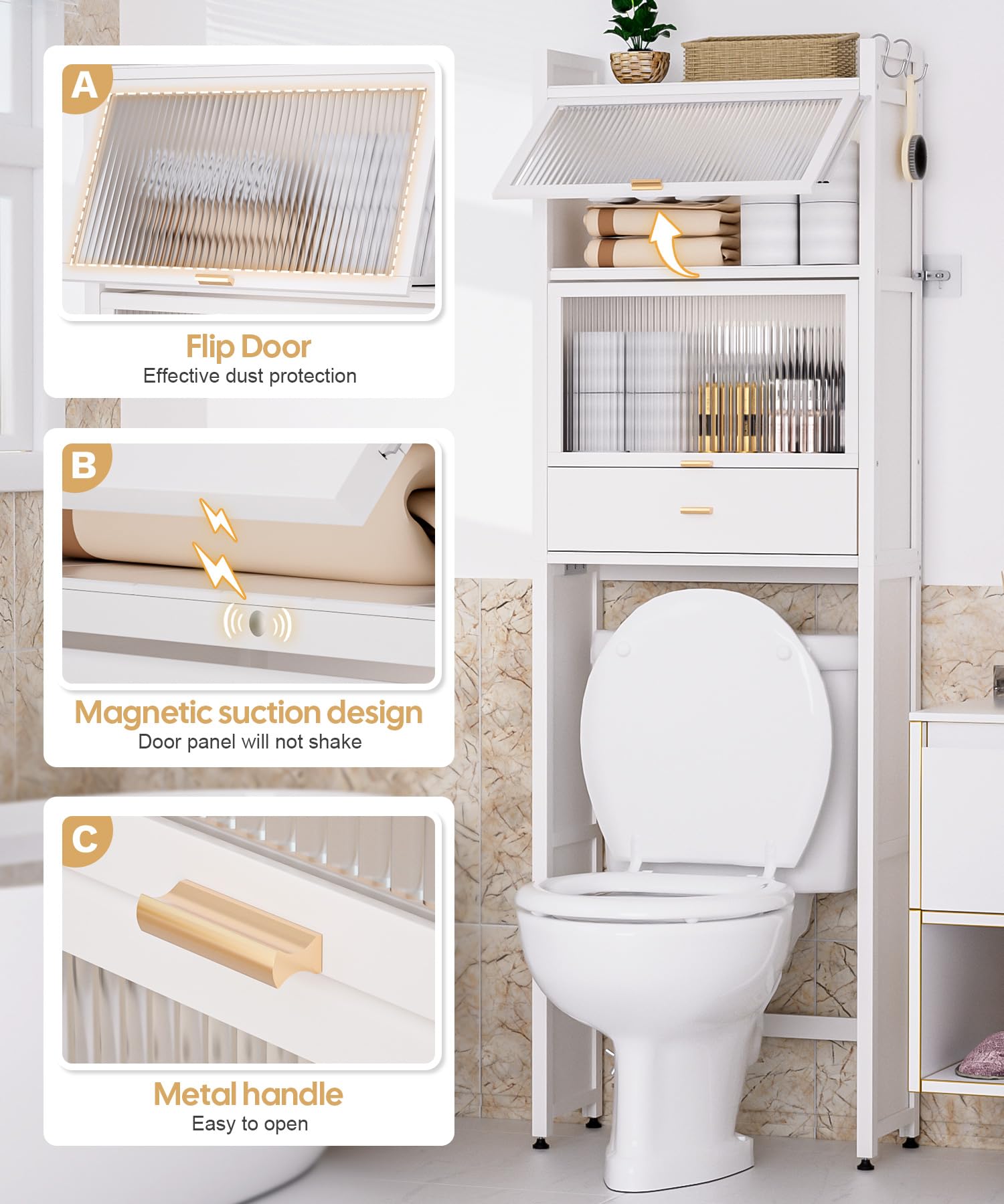 Over The Toilet Storage Cabinet with Drawer & Flip Door - Bamboo Bathroom Organizer Shelf | Anti-Tip Design, Waterproof Feet | Freestanding Space Saver for WC (White) - Perfect for Small Bathrooms & Apartment Storage Solutions
