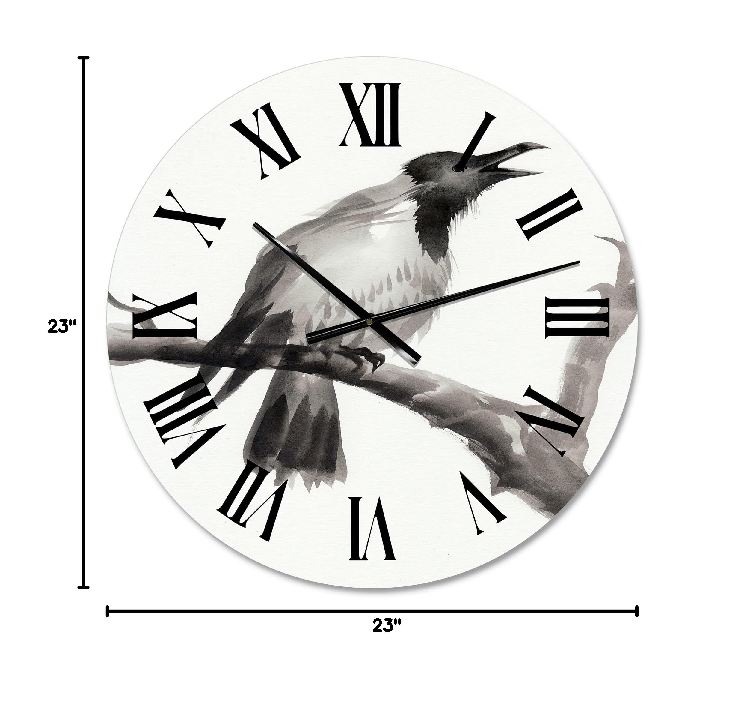 DesignQ Traditional Large Wall Clock - 'Crying Crow On A Branch' Animal Art Decor for Living Room, Bedroom, Office | Silent Non-Ticking Mechanism | Perfect Home & Office Decoration Gift
