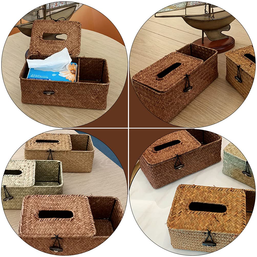 Cabilock Rattan Storage Basket with Lid - Farmhouse Woven Tissue Holder for Office Desk, Car, and Home Decor | Perfect for Napkins, Straws, and Wedding Decorations