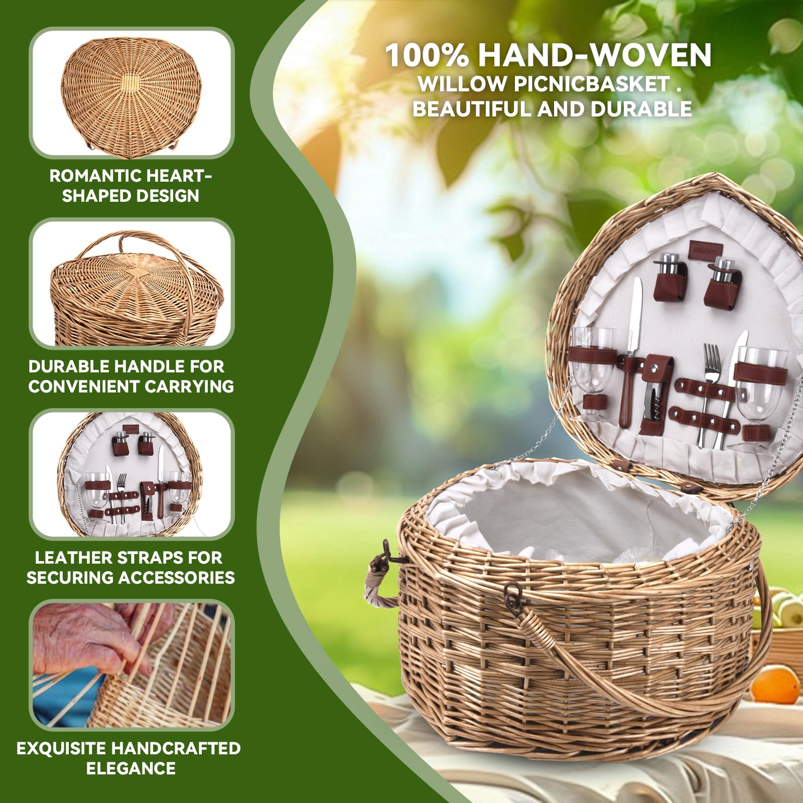 Romantic Heart-Shaped Picnic Basket Set for 2 - Wicker Picnic Hamper with Complete Accessories | Perfect Anniversary Gift for Couples, Valentine's Day Present | Ideal for Outdoor Dates, Beach Picnics & Park Gatherings