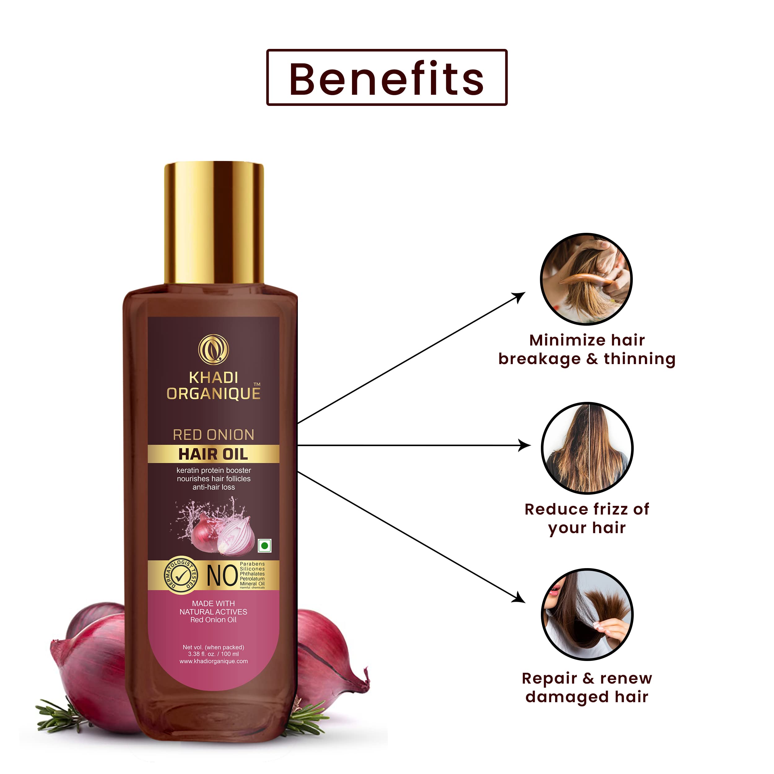 Khadi Organique Red Onion Hair Oil for Hair Growth & Hair Fall Control - 100ml | SLS & Paraben Free | Promotes Stronger, Thicker Hair | Perfect for Daily Scalp Massage & Hair Care Routine