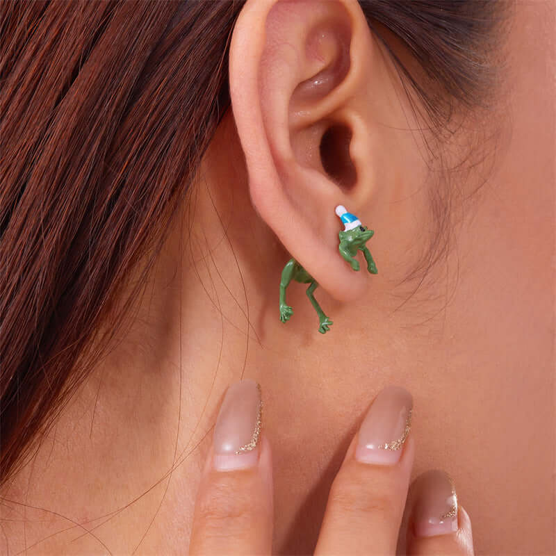 Quirky Frog Christmas Ear Jacket Front Back Earrings | Holiday Party Jewelry Gift for Women | Perfect for Christmas Celebrations & Festive Outfits