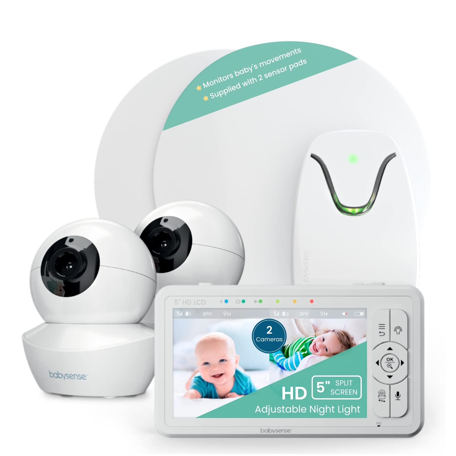 Babysense True Sleep Duo HD Video Baby Monitor with Split Screen & Under-Mattress Movement Sensor - 2-in-1 Nursery Safety System for Newborns & Infants | Night Vision, PTZ Cameras, Real-Time Alerts | Perfect for Nursery, Bedroom & Travel Use