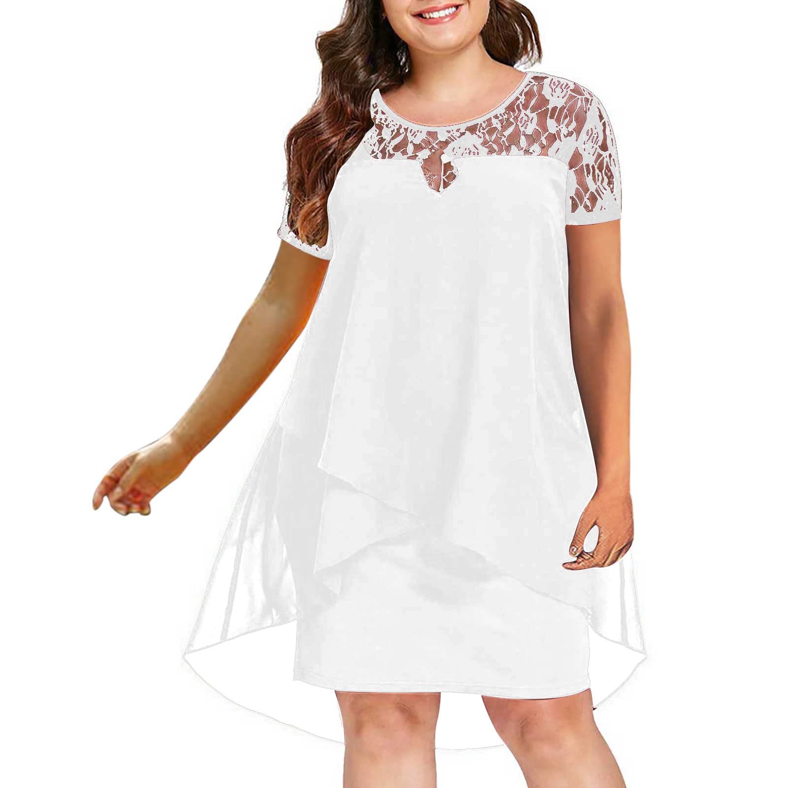 **BmkBWO Women's Plus Size Floral Lace Chiffon Summer Dress - Short Sleeve Crewneck Elegant Casual Dress for Wedding Guest, Party, Beach & Vacation**