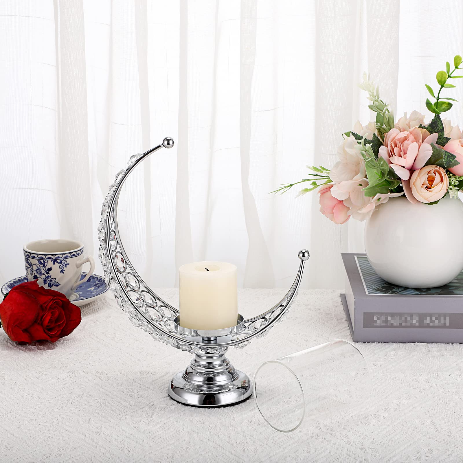 Set of 2 Silver Moon Crystal Pillar Candle Holders with Glass Covers - Elegant Tealight & Votive Candle Stands for Wedding, Home Decor, Table Centerpiece & Romantic Ambiance