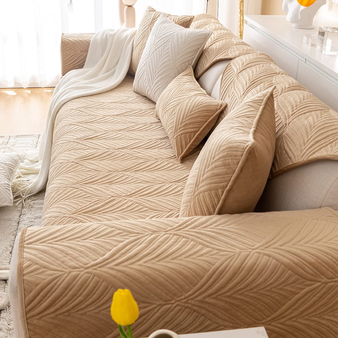 Super Soft Velvet Quilted Sofa Cover - Non-Slip Sectional Couch Slipcover with Leaf Pattern, Plush Furniture Protector for Pets & Kids (Camel, 36
