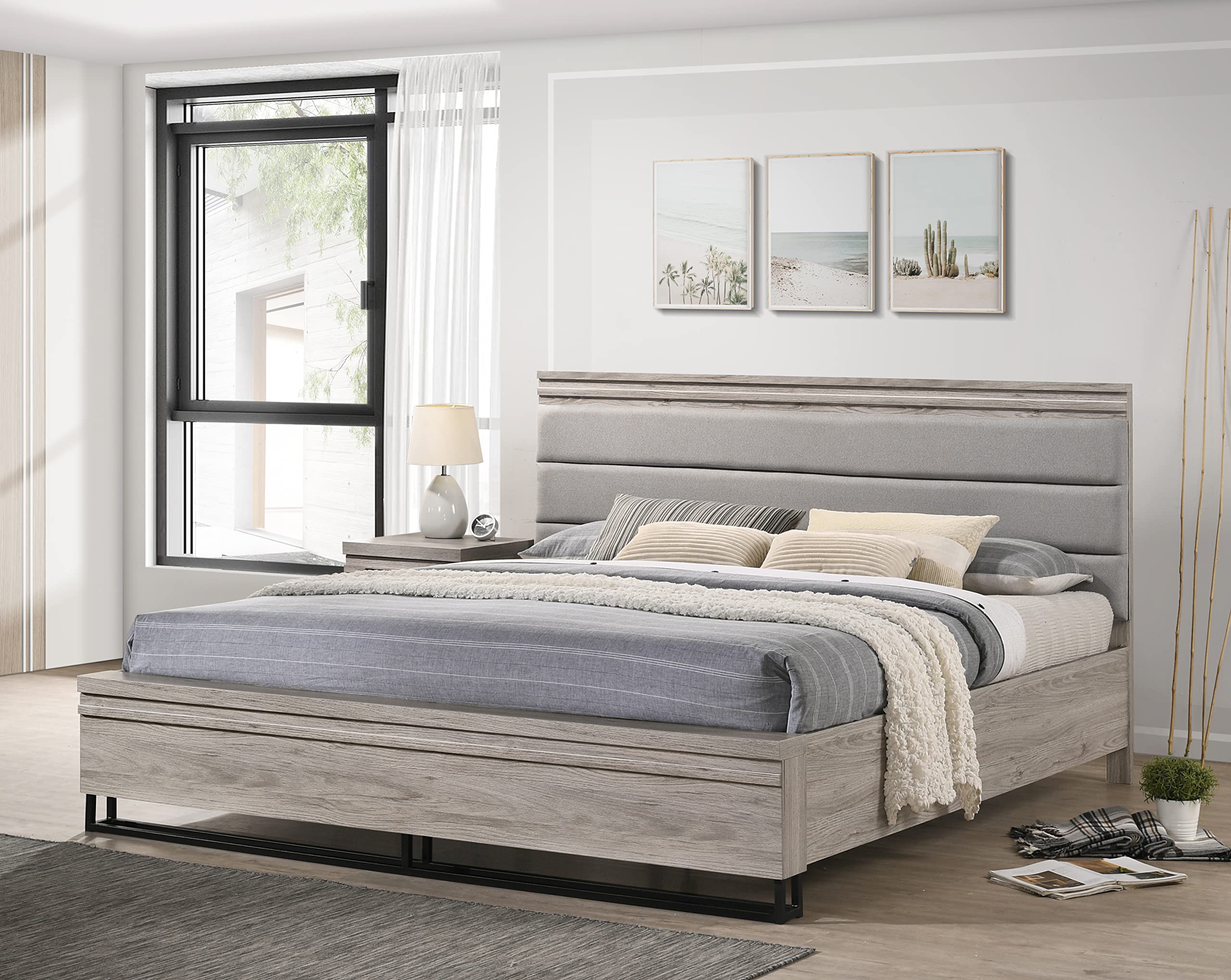 Roundhill Furniture Alvear Upholstered Wood Wallbed with White LED Lights, Dresser, Mirror, Chest & 2 Nightstands - King Size Murphy Bed for Small Spaces & Guest Rooms - Space Saving Bedroom Set with Storage & Modern Lighting