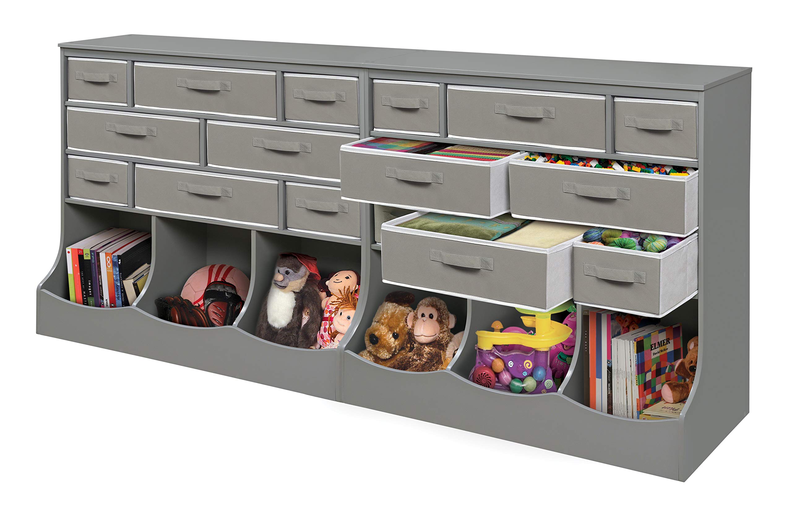 Badger Basket 8-Cubby Kids Toy Storage Organizer with Reversible Fabric Bins - Gray Toy Box for Playroom, Nursery & Bedroom Organization