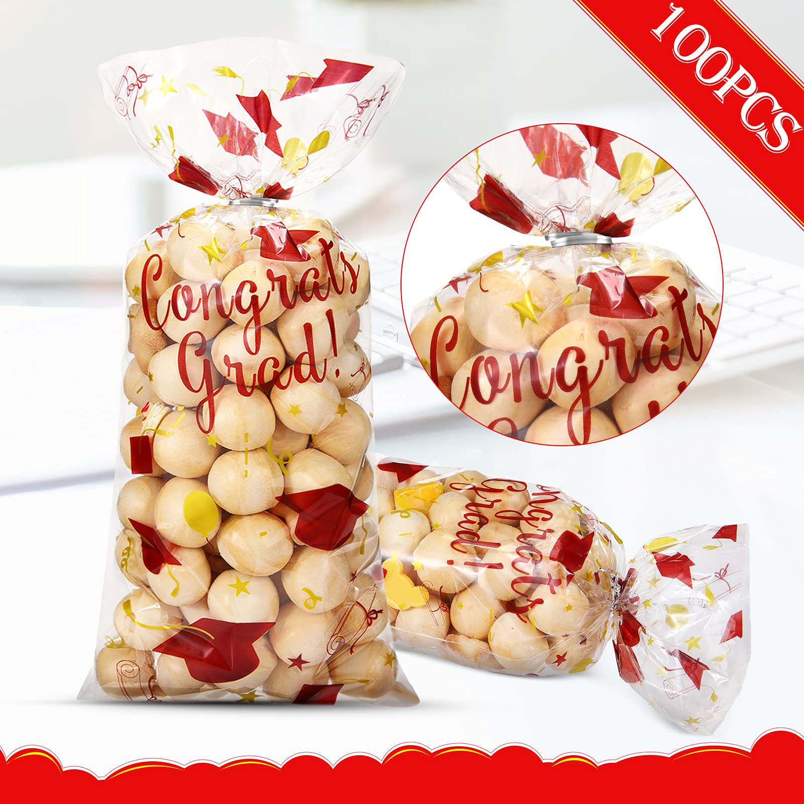 Blulu 100-Pack Graduation Cellophane Treat Bags with Silver Twist Ties - Maroon & Gold Candy Wrapping Gift Bags for Congrats Graduates - Perfect for Grad Party Favors, School Celebrations & Diploma Ceremonies