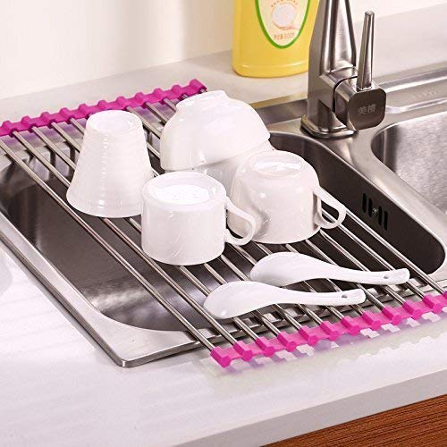 Foldable Roll-Up Kitchen Sink Drain Rack - Non-Slip Silicone & Stainless Steel Dish Drying Rack for Dishes, Utensils, and Vegetables | Space-Saving, Durable, and Easy to Clean | Perfect for Small Kitchens, RVs, and Apartments