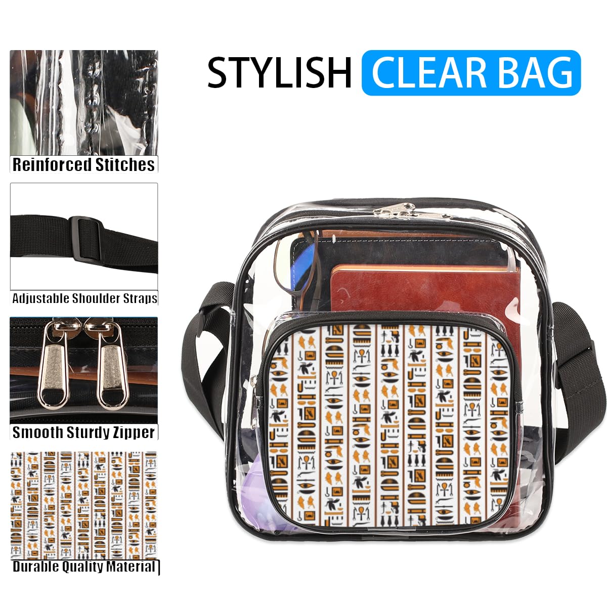Egyptian Culture Clear Crossbody Purse - Mularoka Art Design Stadium Approved Transparent Bag for Women & Men | Perfect for Festivals, Sports Events, Concerts & Travel Security Checks
