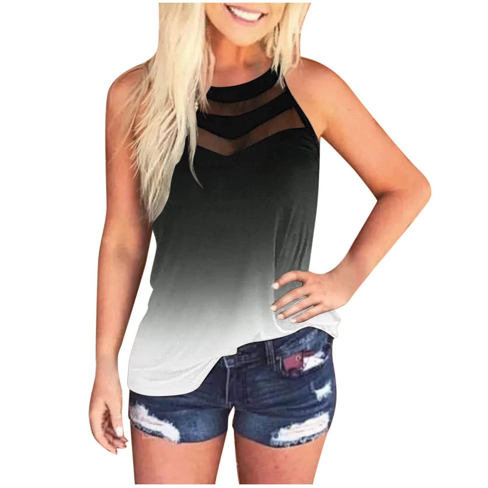 Women's Lightweight Sleeveless Color Block O-Neck T-Shirt - Hawaiian Beach Shirt in Black | Casual Summer Wear, Vacation Outfit & Tropical Party Top