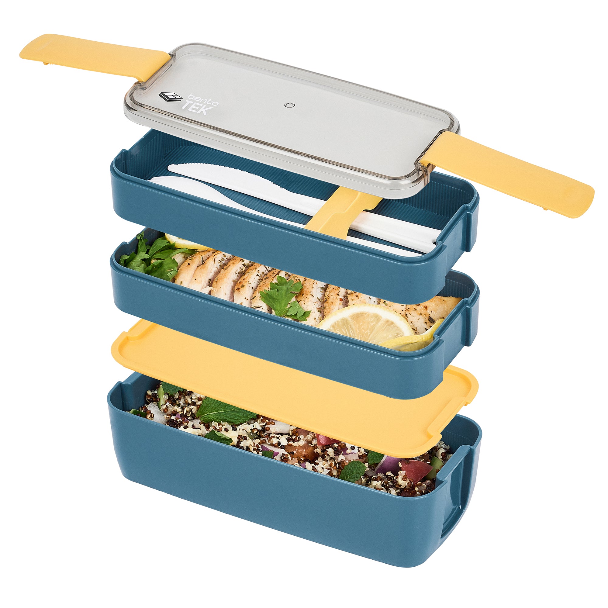 Bento Tek 30 oz Blue & Yellow 3-in-1 BPA Free Lunch Box with Fork & Knife - Microwave Safe, Leakproof Food Container (7.5